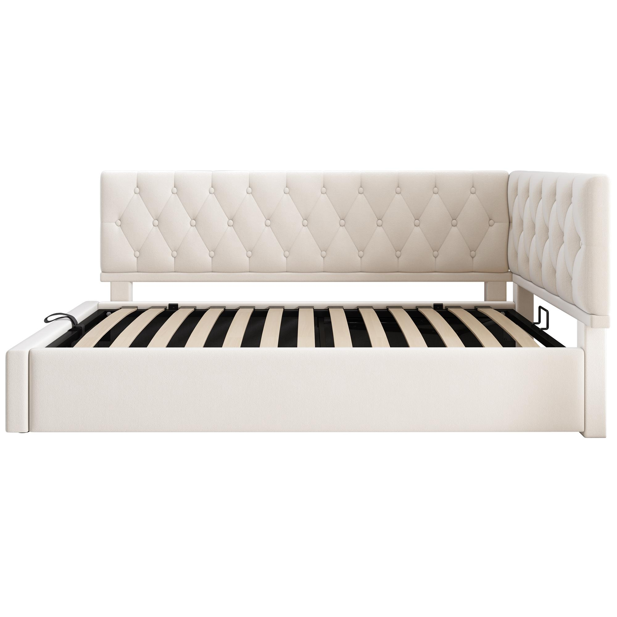 Beiges Bett, Eckdesign. Kopfteil und Seitenteil sind sichtbar.