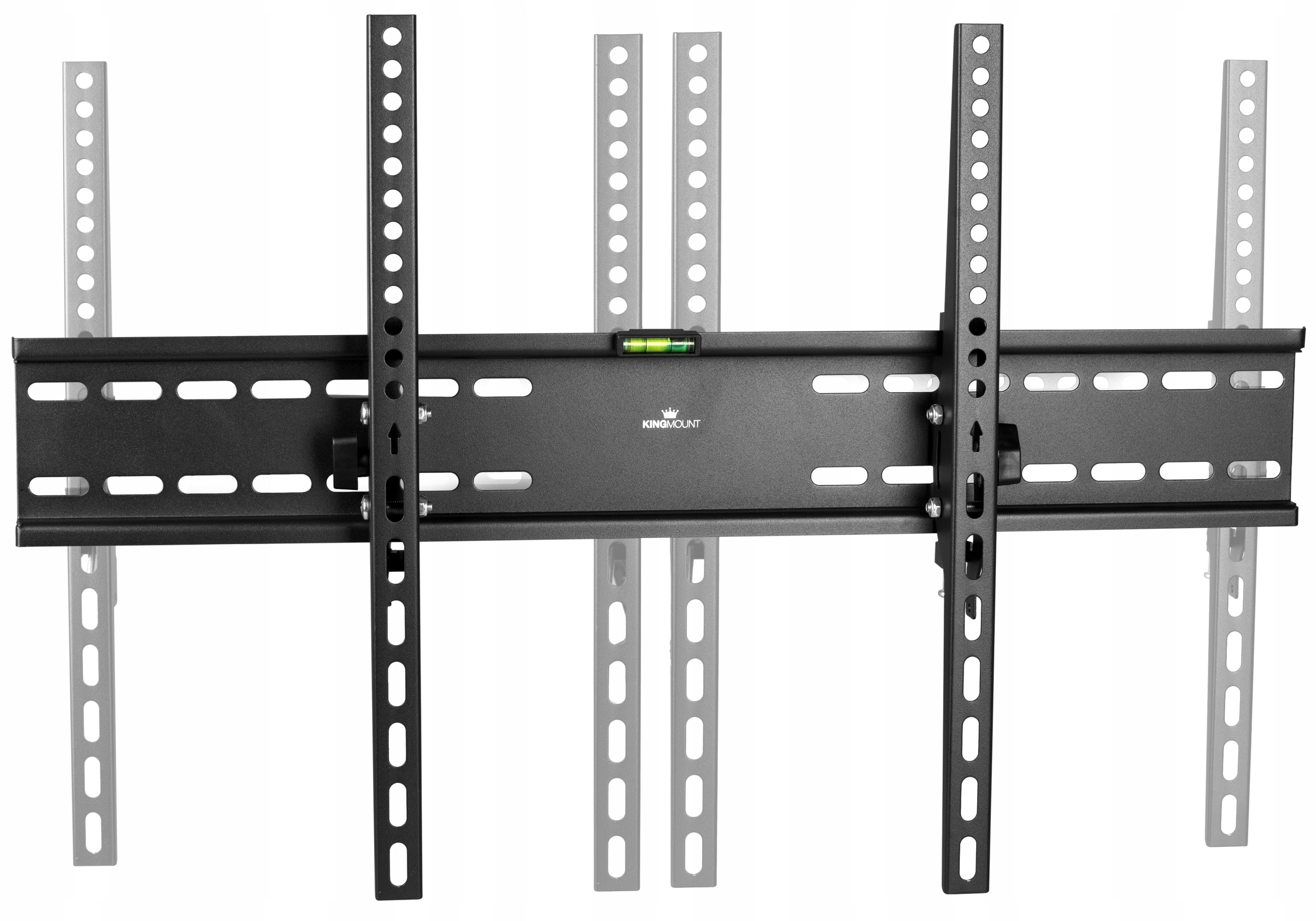 Czarny uchwyt ścienny do telewizora. Posiada funkcje regulacji i poziomicę.