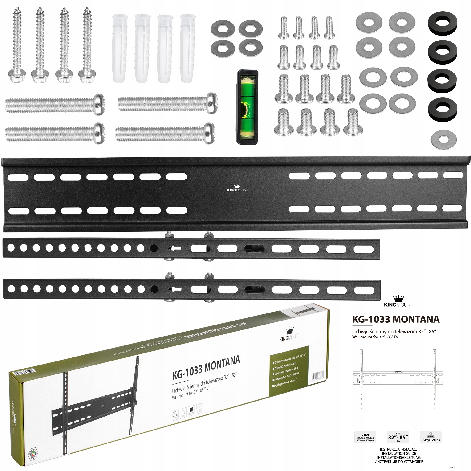 Zestaw do montażu ściennego telewizora z wieloma elementami i pudełkiem. Zawiera śruby, wsporniki i poziomicę.