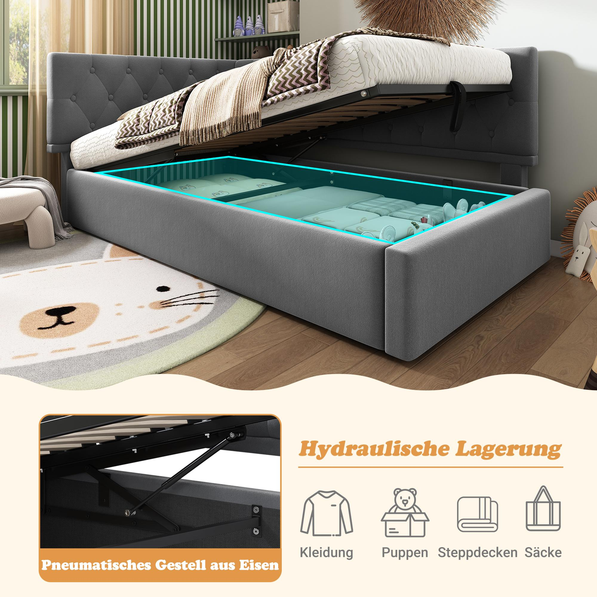 Graues Bett mit Stauraum, offenbart Fächer. Detail des Hebemechanismus und Icons.