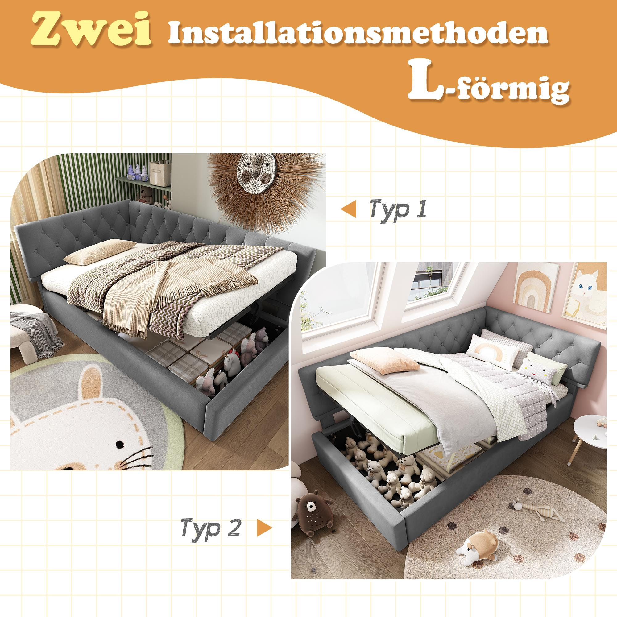 Zwei L-förmige Betten mit Stauraum. Eines hat ein weißes Bett, das andere ein graues.
