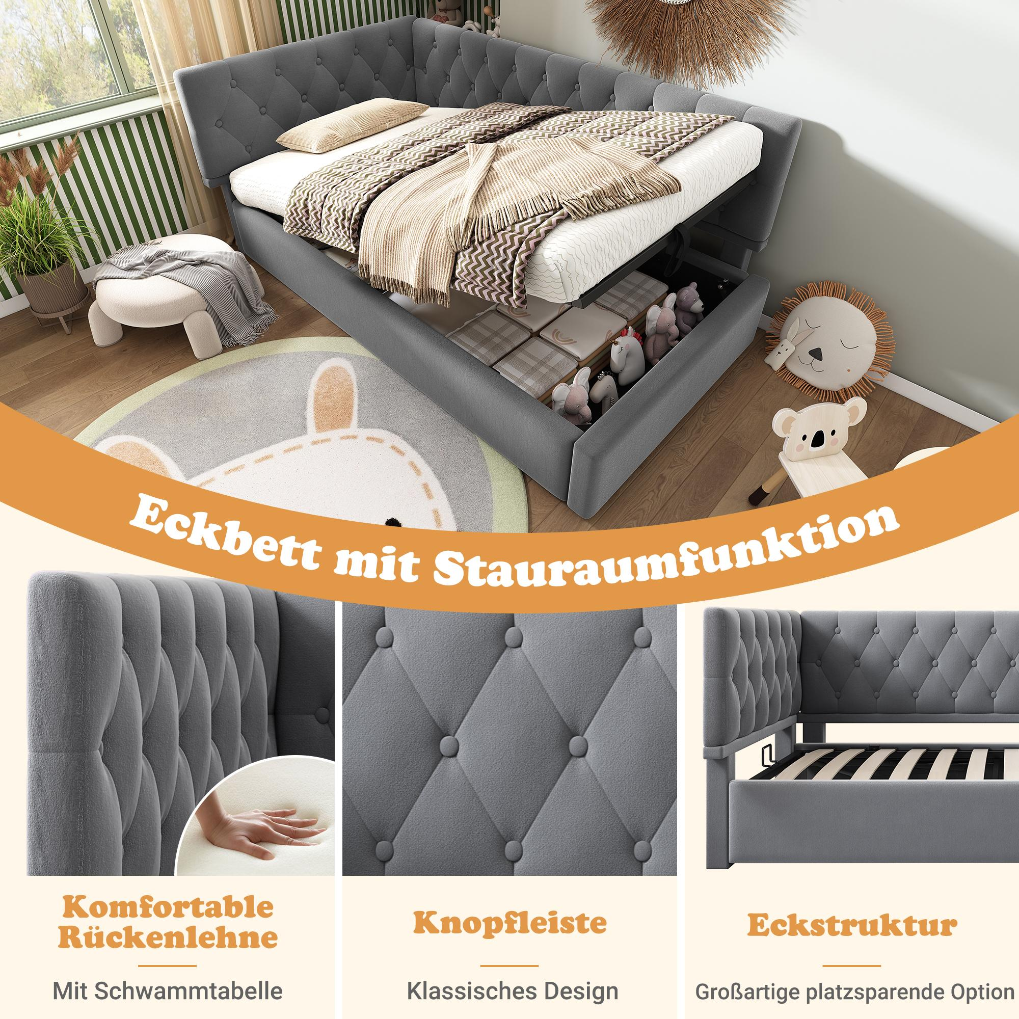 Graues Eckbett mit Stauraum, offen, um Stauraum zu zeigen. Details von Rückenlehne, Knopfdesign.