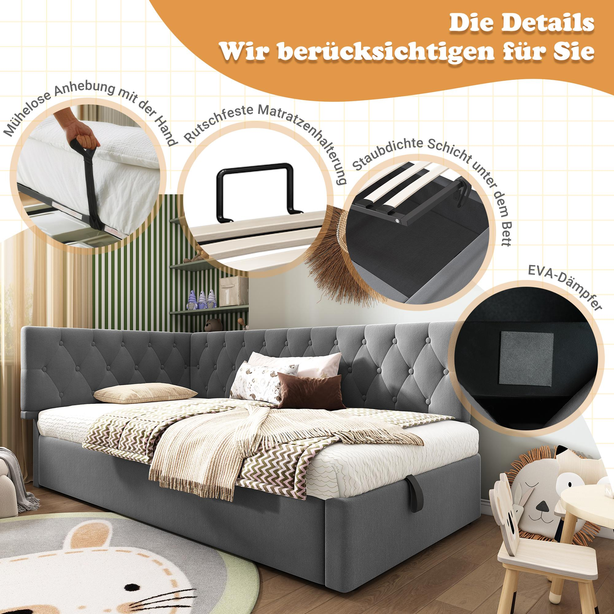 Graues Eckbett mit Stauraum, Details von Handlift, rutschfester Matratzenhalterung.