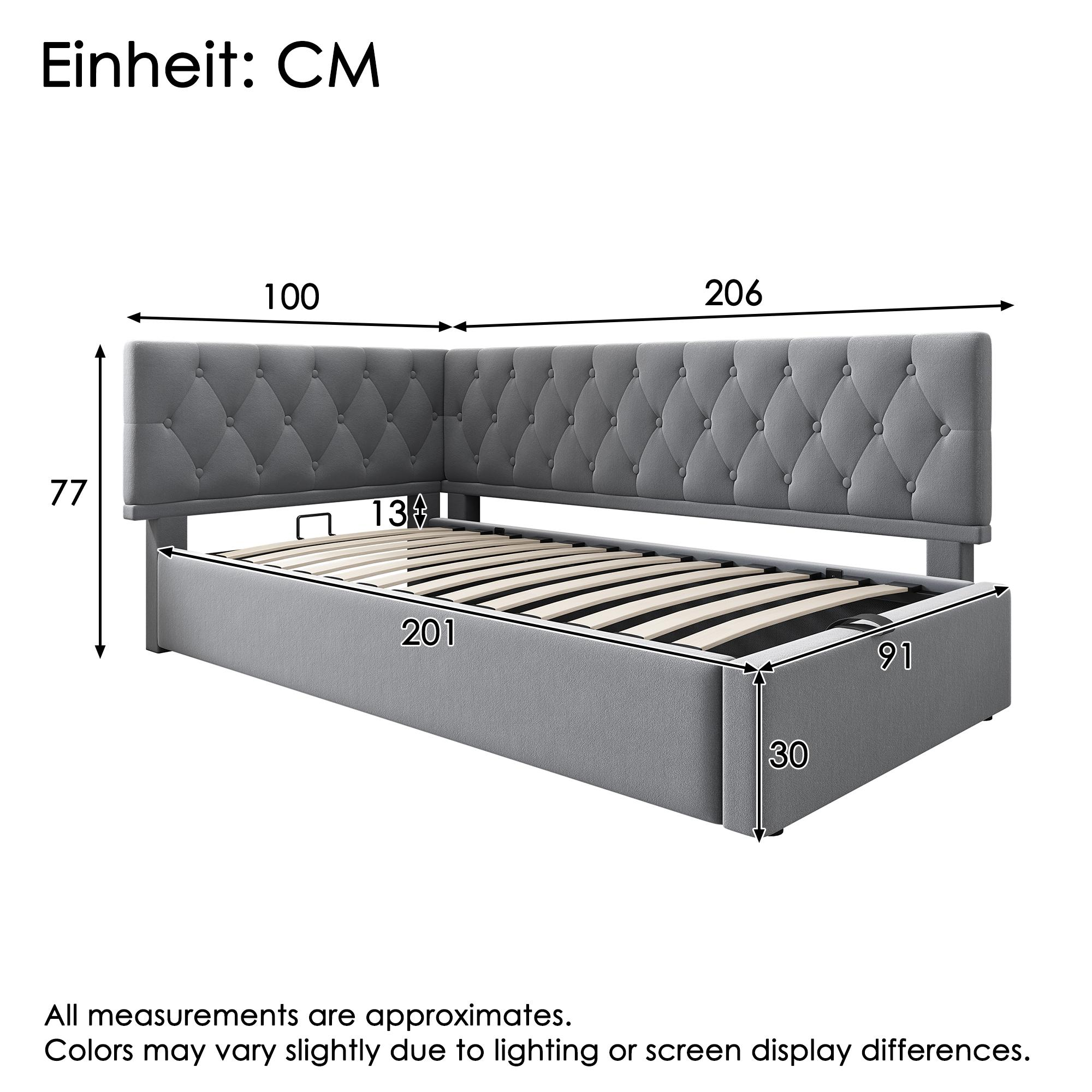 Graue Eckbett-Abmessungen, Maße in Zentimetern. Das Bett hat ein Kopfteil und Stauraum.