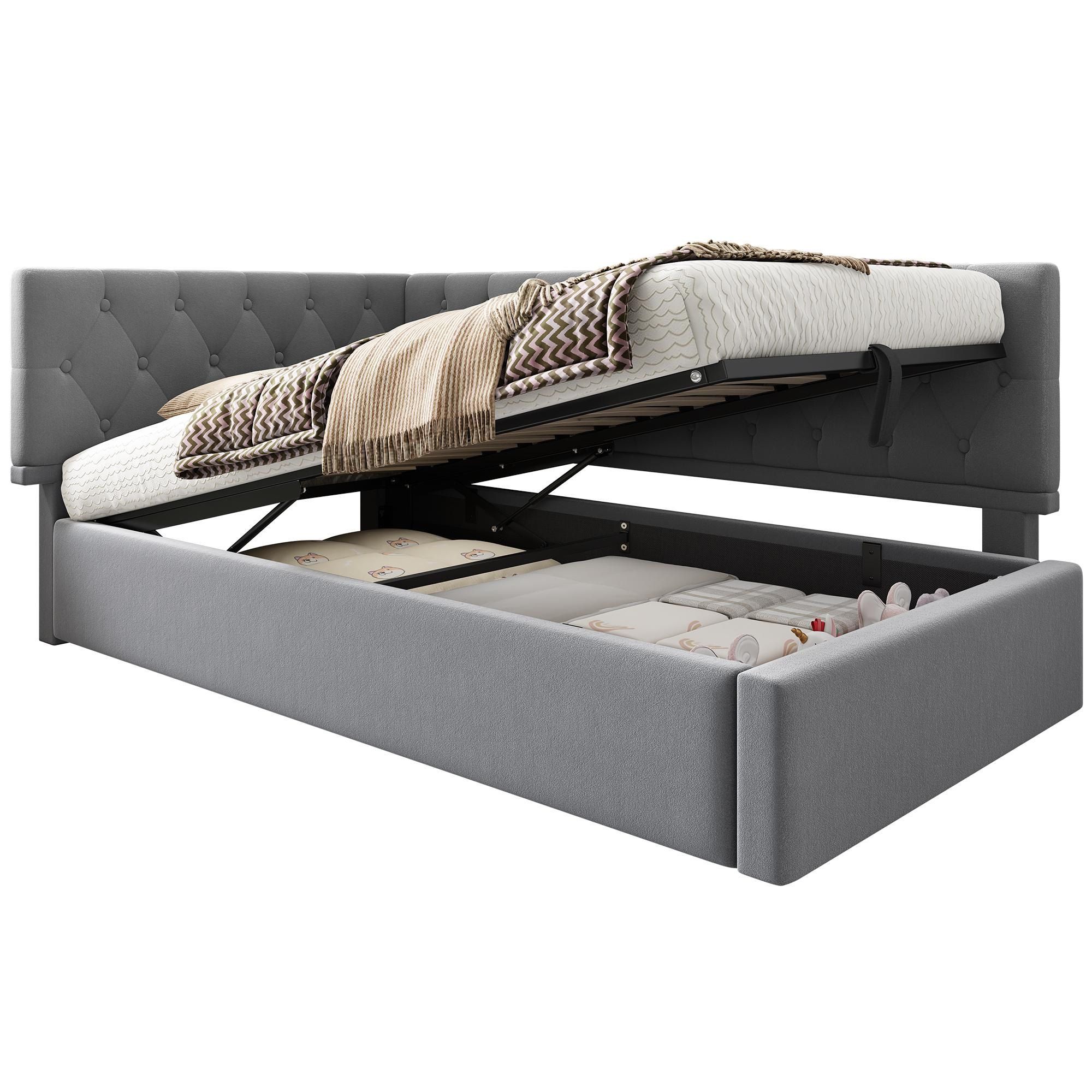 Graues Bett mit Stauraum, offen, um Stauraum zu zeigen. Das Bett hat ein Kopfteil.