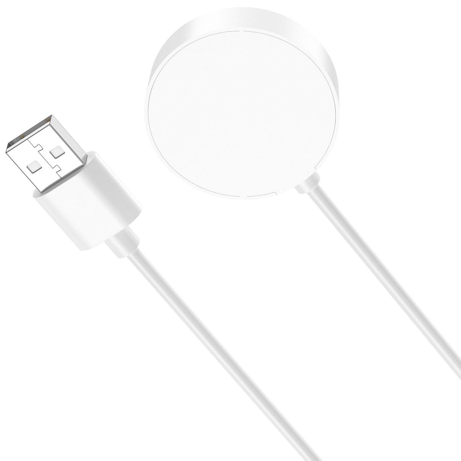 Weißes USB-Ladegerät und Kabel. Kabel hat USB-Anschluss. Ladegerät ist rund, zwei Kontakte.