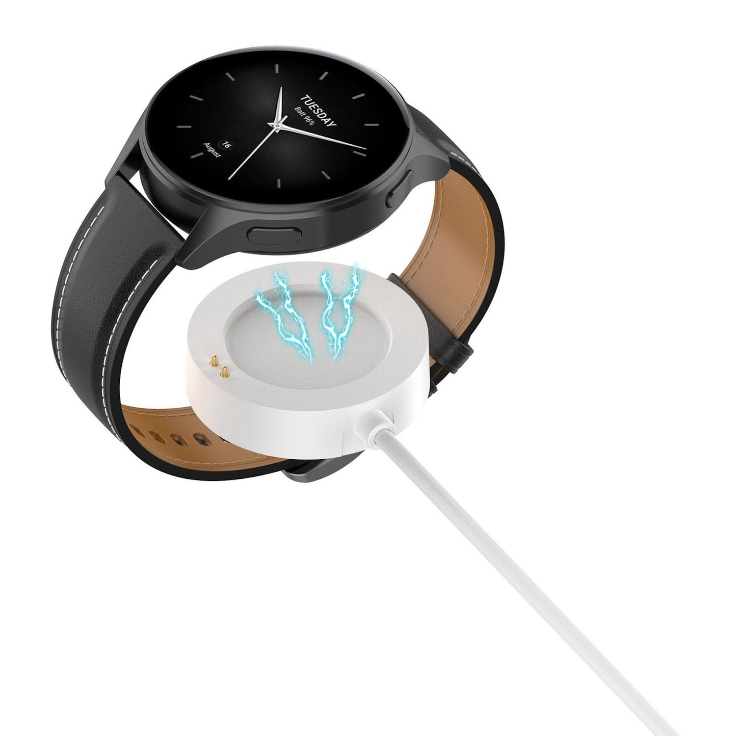 Smartwatch lädt an einem weißen Ladegerät. Schwarze Uhr mit Lederarmband. Blaue Energielinien.
