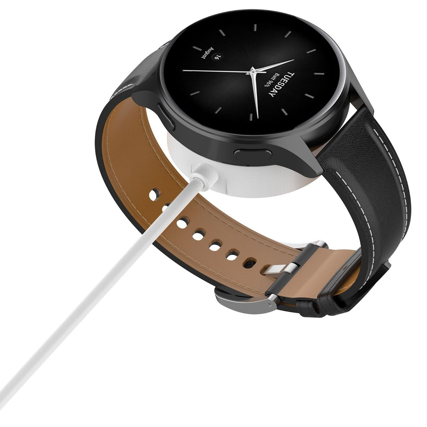 Schwarze Smartwatch auf Ladestation. Weißes Ladekabel. Uhr zeigt Zeit und Akkustand.