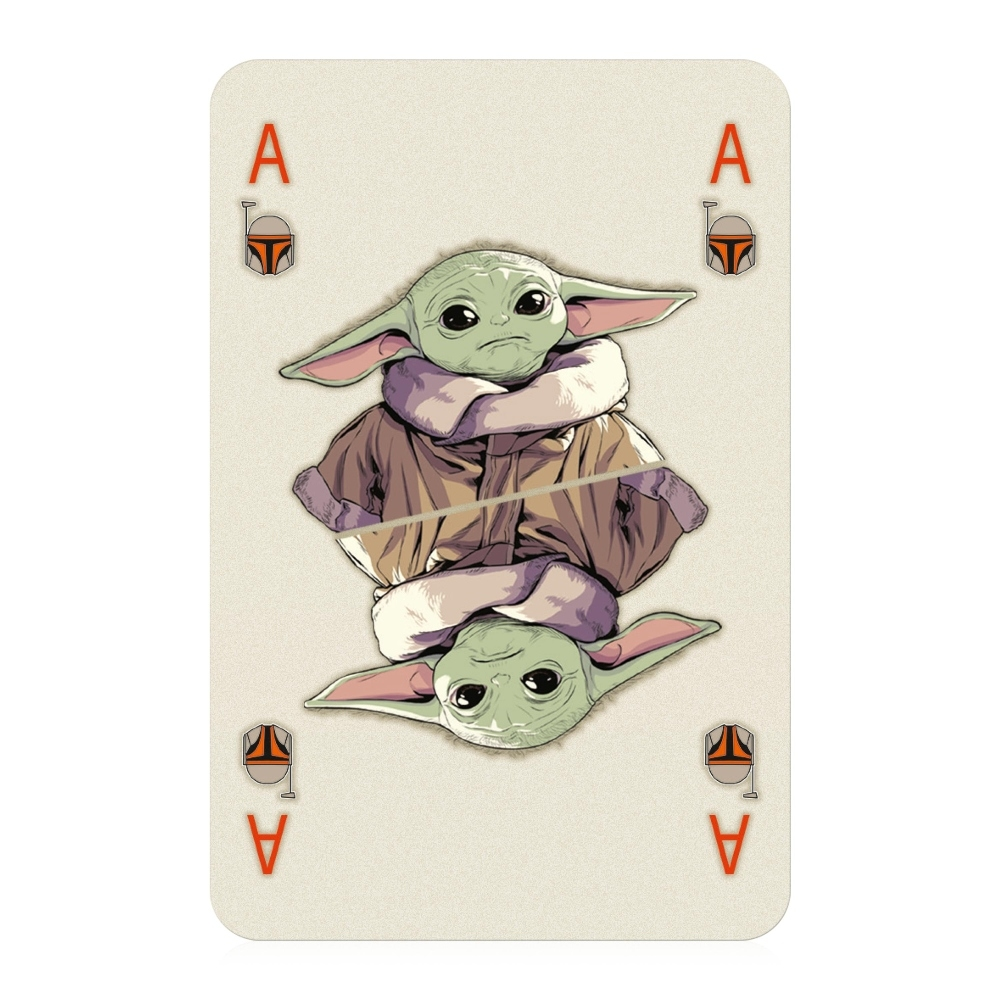 Spielkarte mit Grogu (Baby Yoda) Bild, mit dem Pik Ass Symbol.