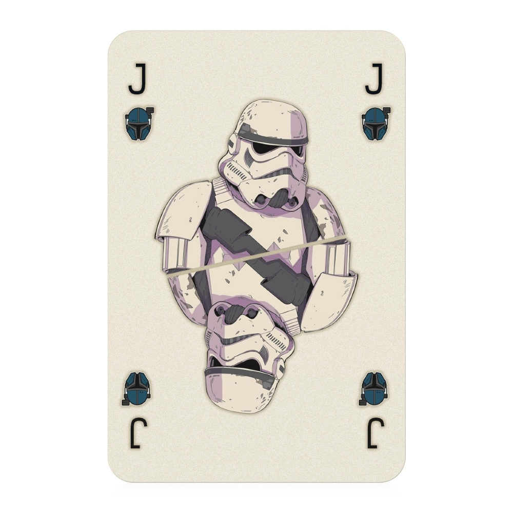 Spielkarte mit einem Sturmtruppler. Die Karte ist ein Bube. Die Anzugsymbole befinden sich in den Ecken.