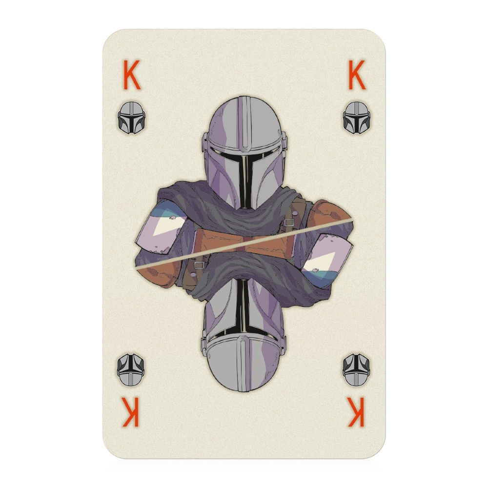 Spielkarte mit einer Mandalorianer-Charakterabbildung, mit dem Pik-König-Symbol.