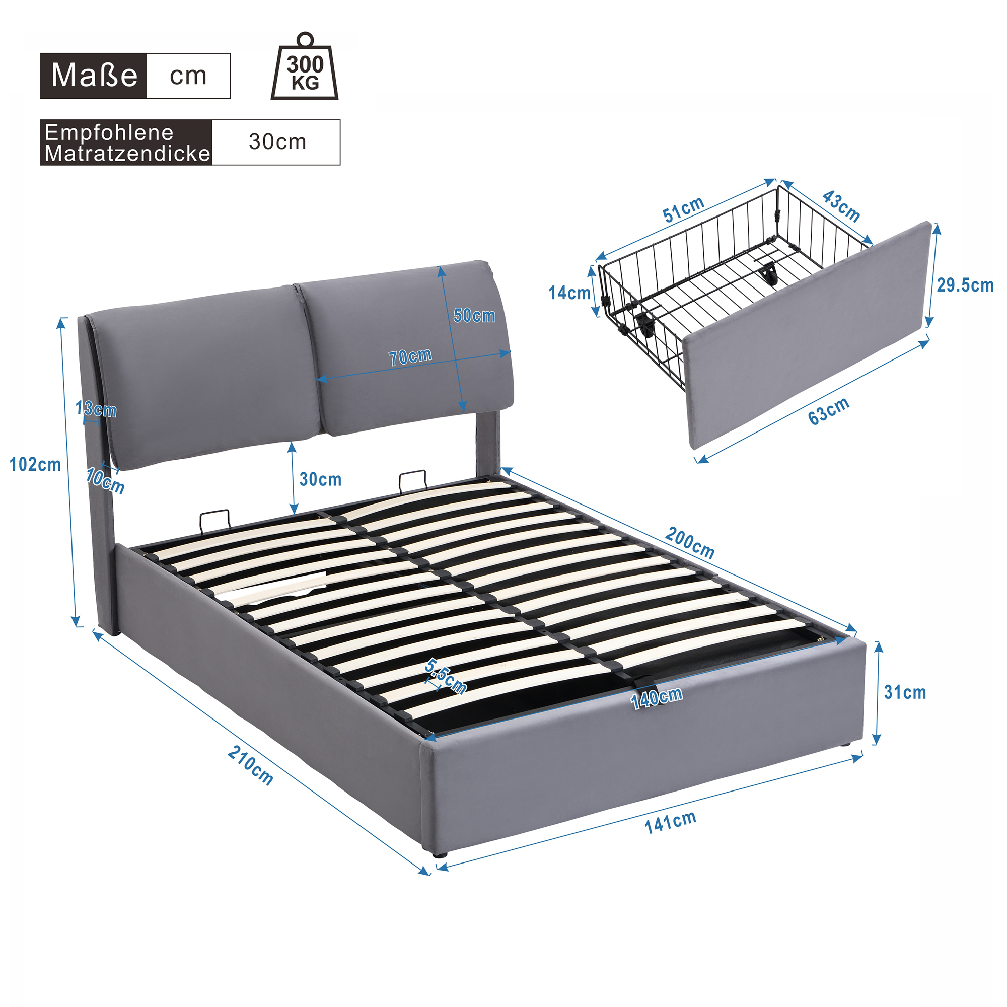 Bettmaße mit Abmessungen und Tragfähigkeit. Das Bett ist grau, mit einem Kopfteil.
