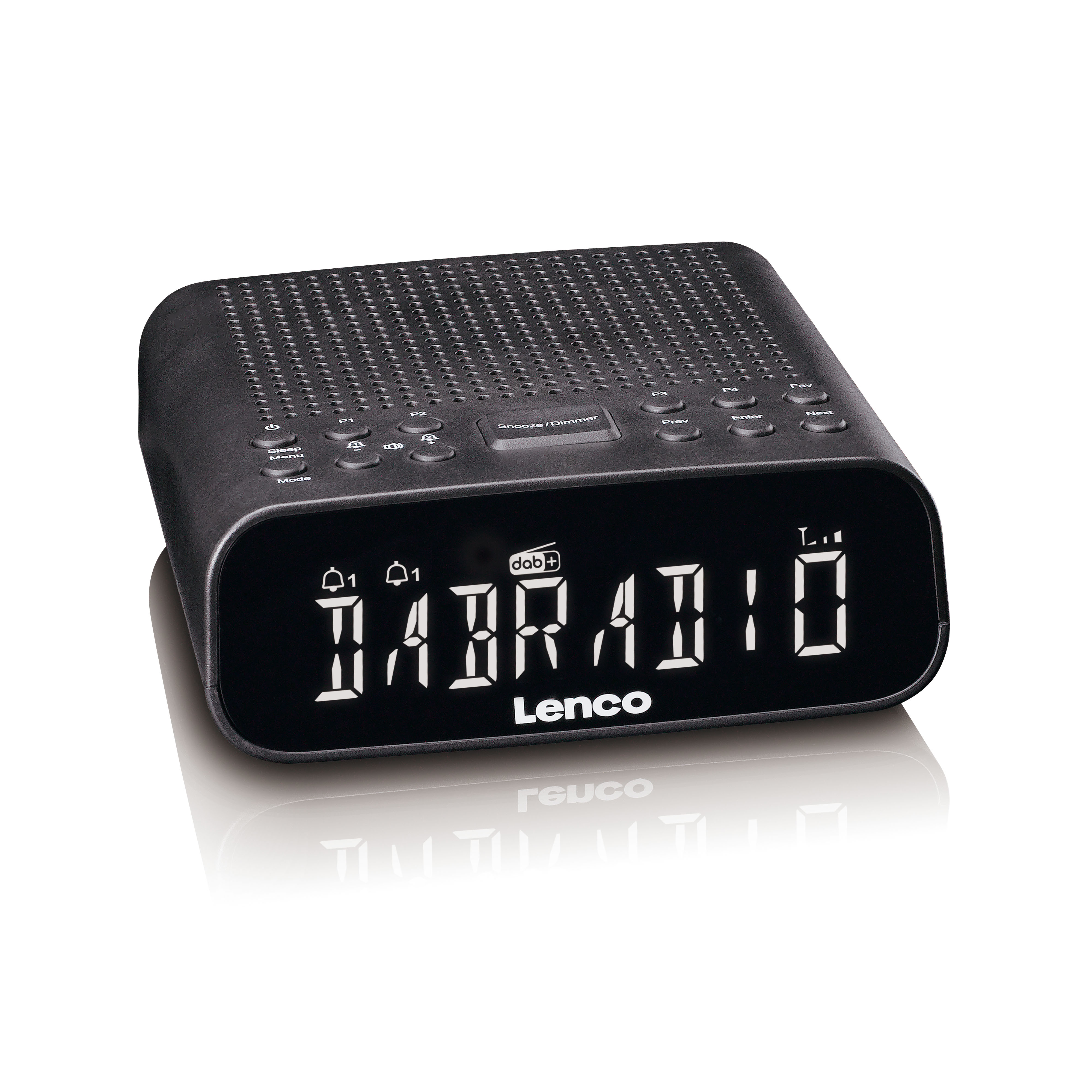 Schwarzes digitales DAB-Radio mit Tasten. Weiße Ziffern zeigen DAB RADIO an. Weißer Hintergrund.