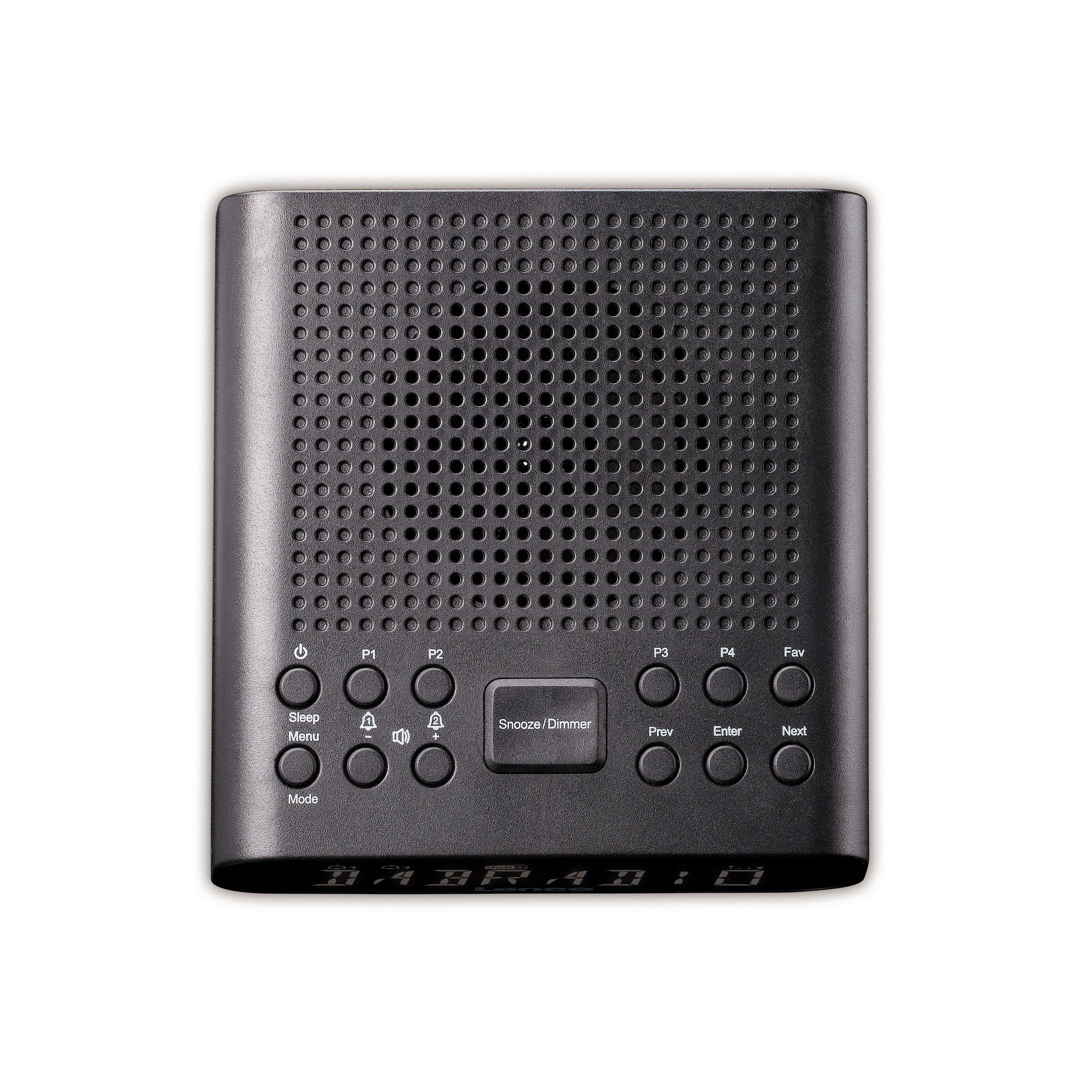Schwarzes digitales DAB-Radio mit Tasten. Weiße Ziffern zeigen DAB RADIO an. Weißer Hintergrund.