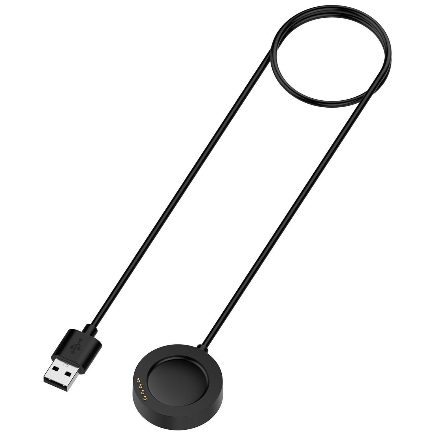 Schwarzes Ladegerät mit USB-Kabel. Es hat ein rundes Ladepad und einen USB-Anschluss.