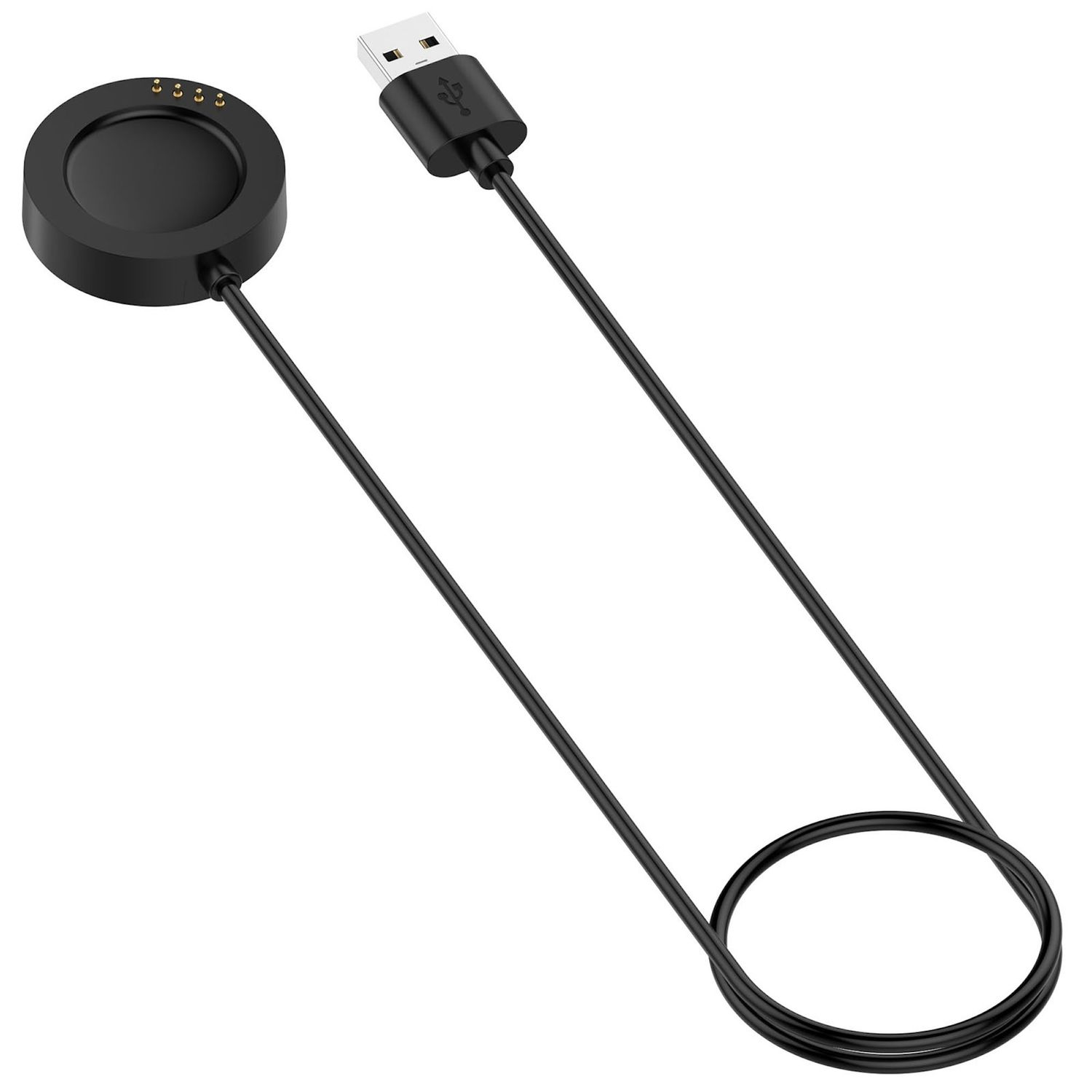Schwarzes, rundes Smartwatch-Ladegerät mit USB-Kabel. Kreisförmiges Ladepad. Weißer Hintergrund.