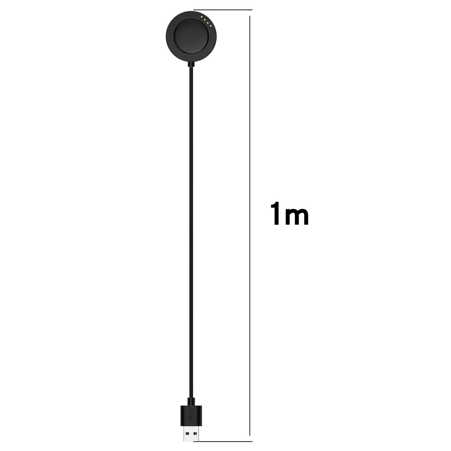 Schwarzes Smartwatch-Ladegerät mit einem 1 m langen Ladekabel. Weißer Hintergrund.