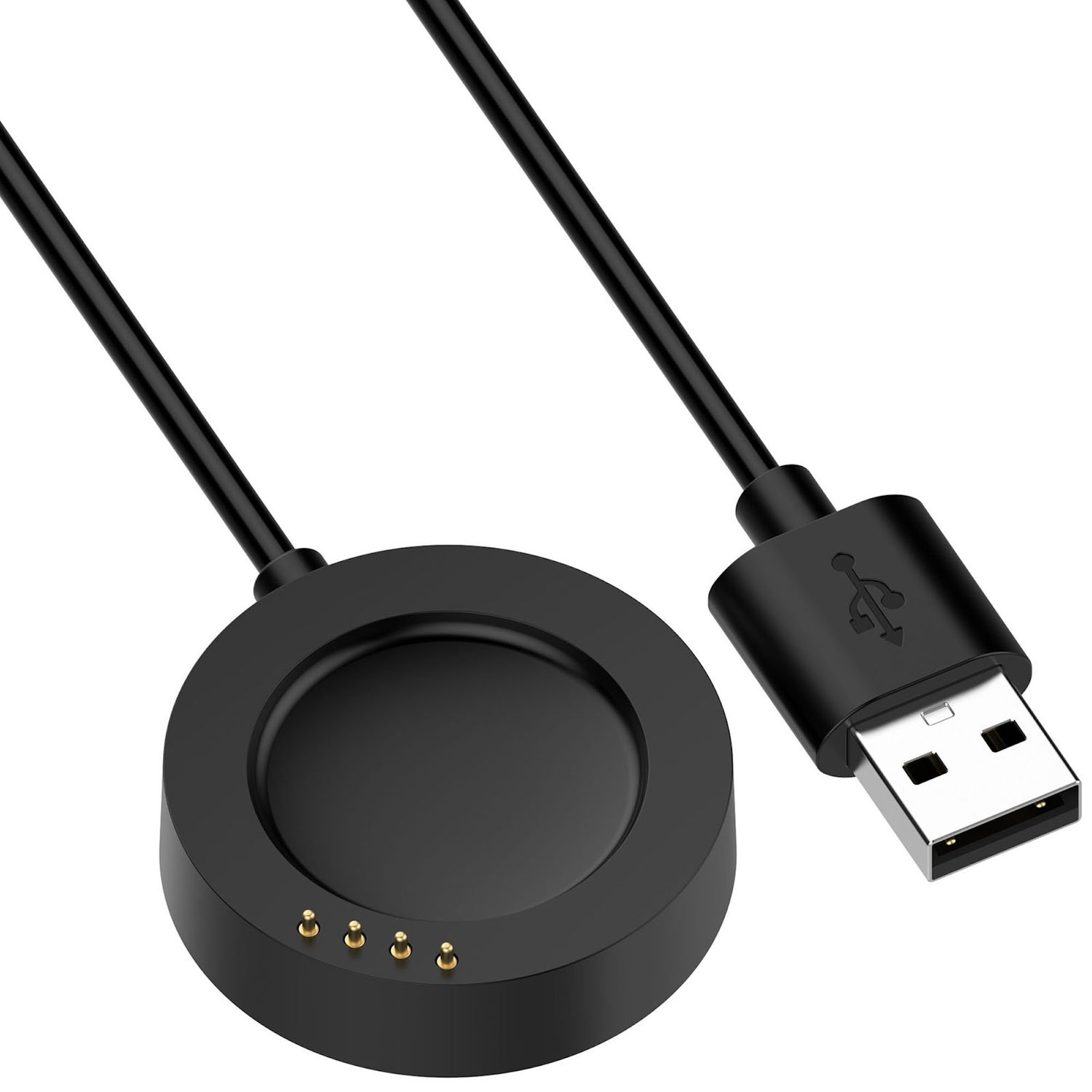 Schwarzes, rundes Smartwatch-Ladegerät mit schwarzem USB-Kabel. Drei Ladepunkte. Weißer Hintergrund.