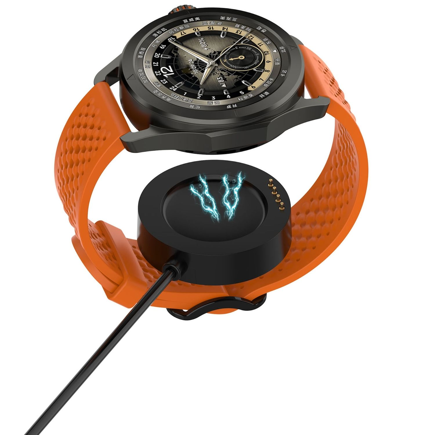 Smartwatch an orangefarbenem Armband und Ladestation mit Ladesymbol. Weißer Hintergrund.
