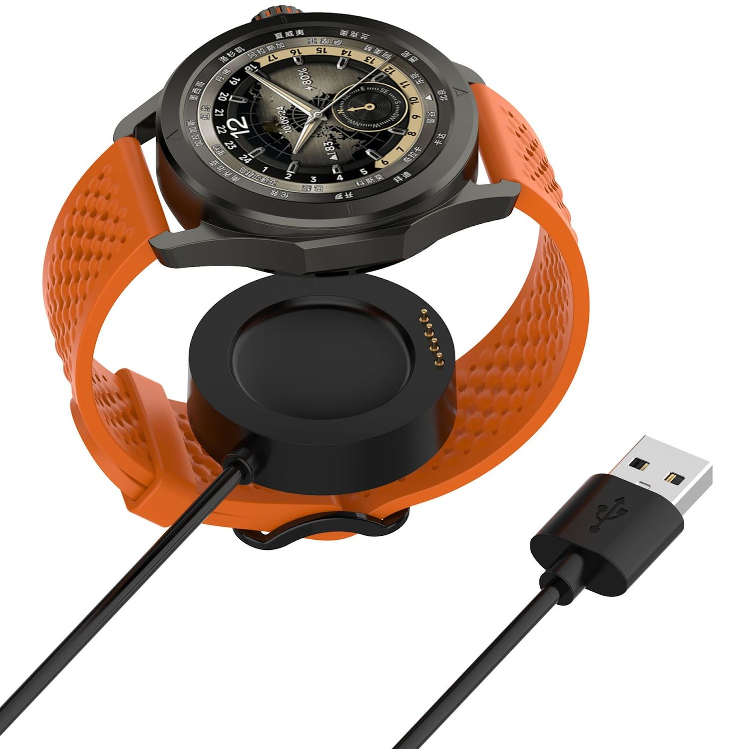 Smartwatch an orangefarbenem Armband und Ladestation mit USB-Kabel. Weißer Hintergrund.