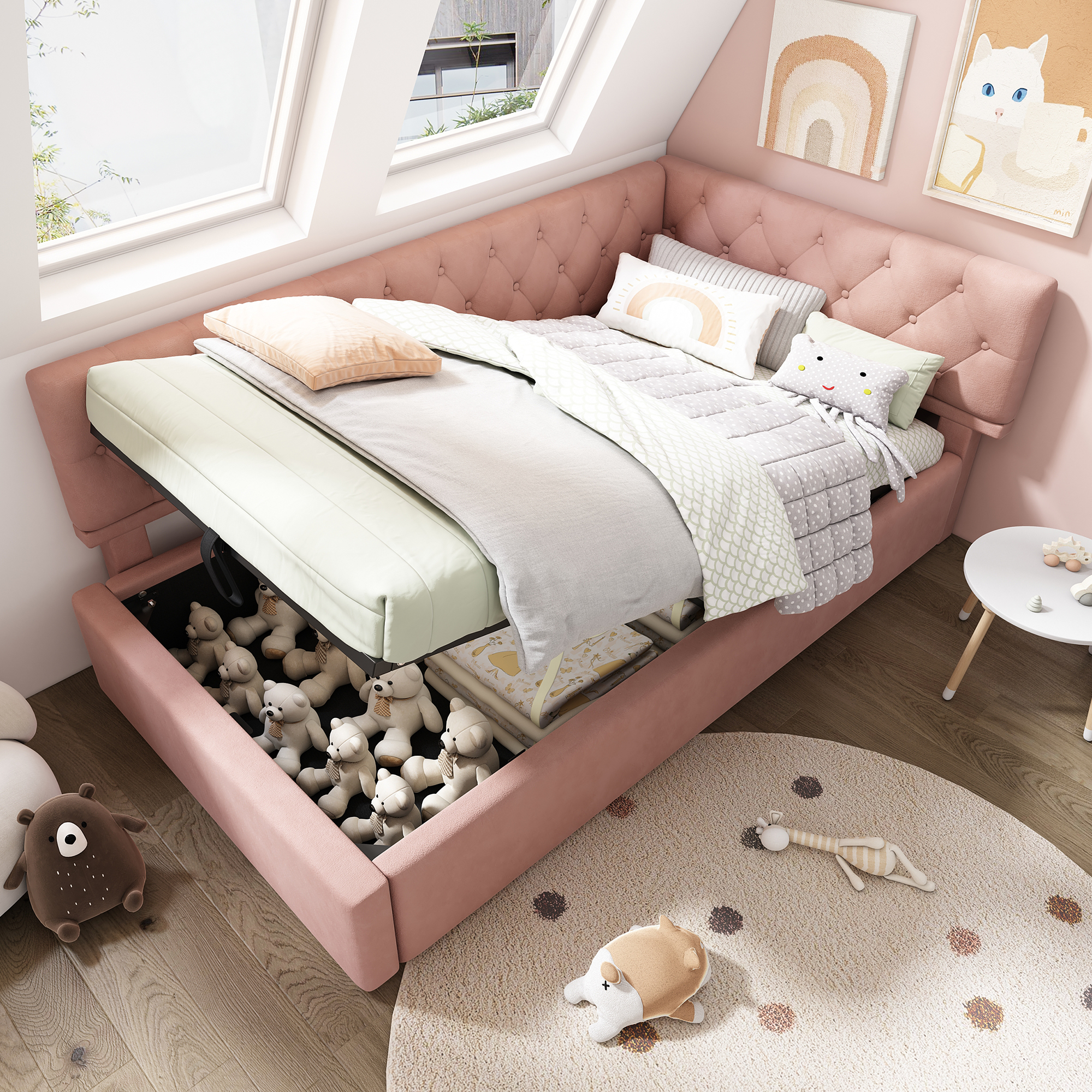 Rosa Bett mit Stauraum, in einem Zimmer mit Spielzeug, Kissen und einem Fenster. Weißer Hintergrund.