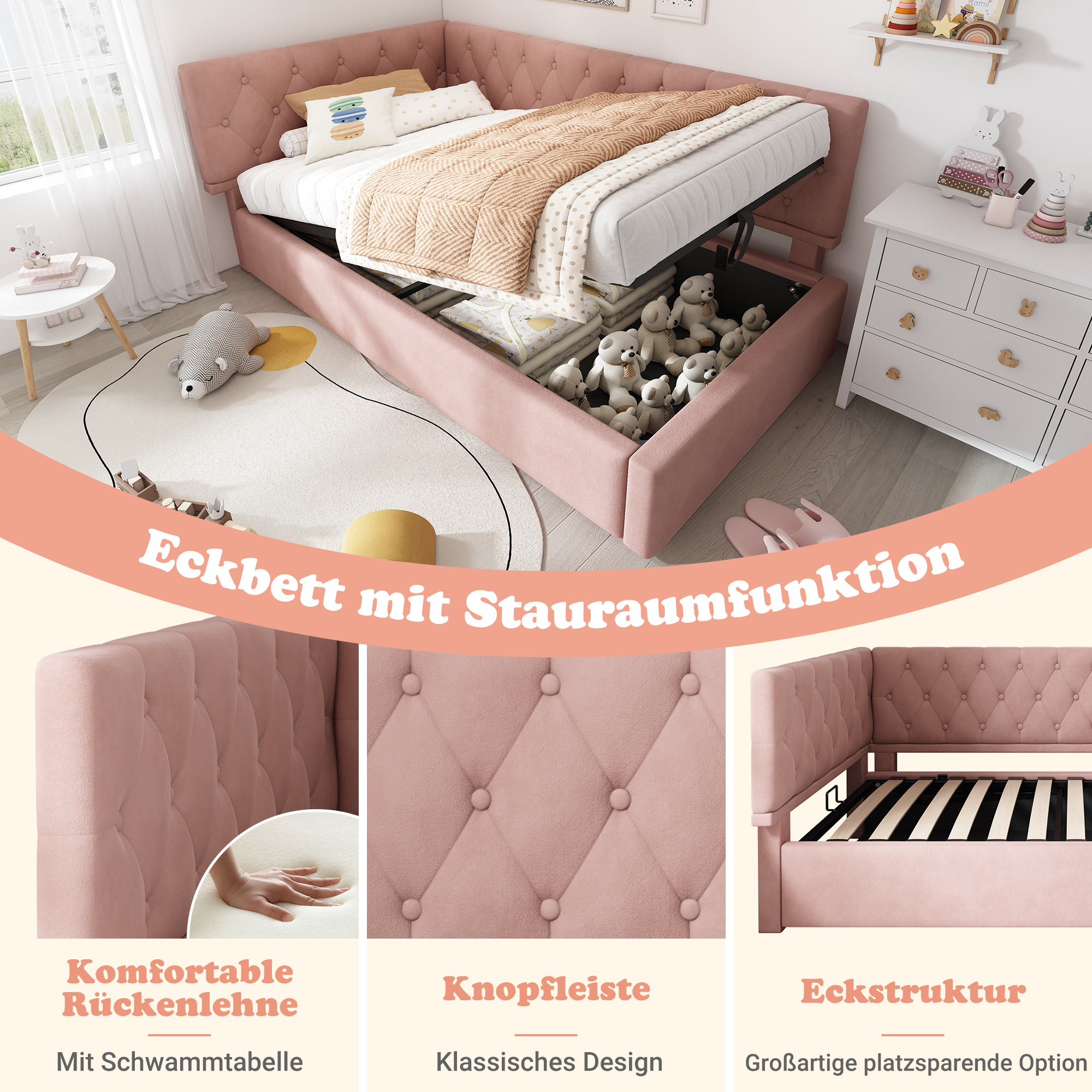 Rosa Bett mit Stauraum, Details des Bettes werden gezeigt. Text auf Deutsch.