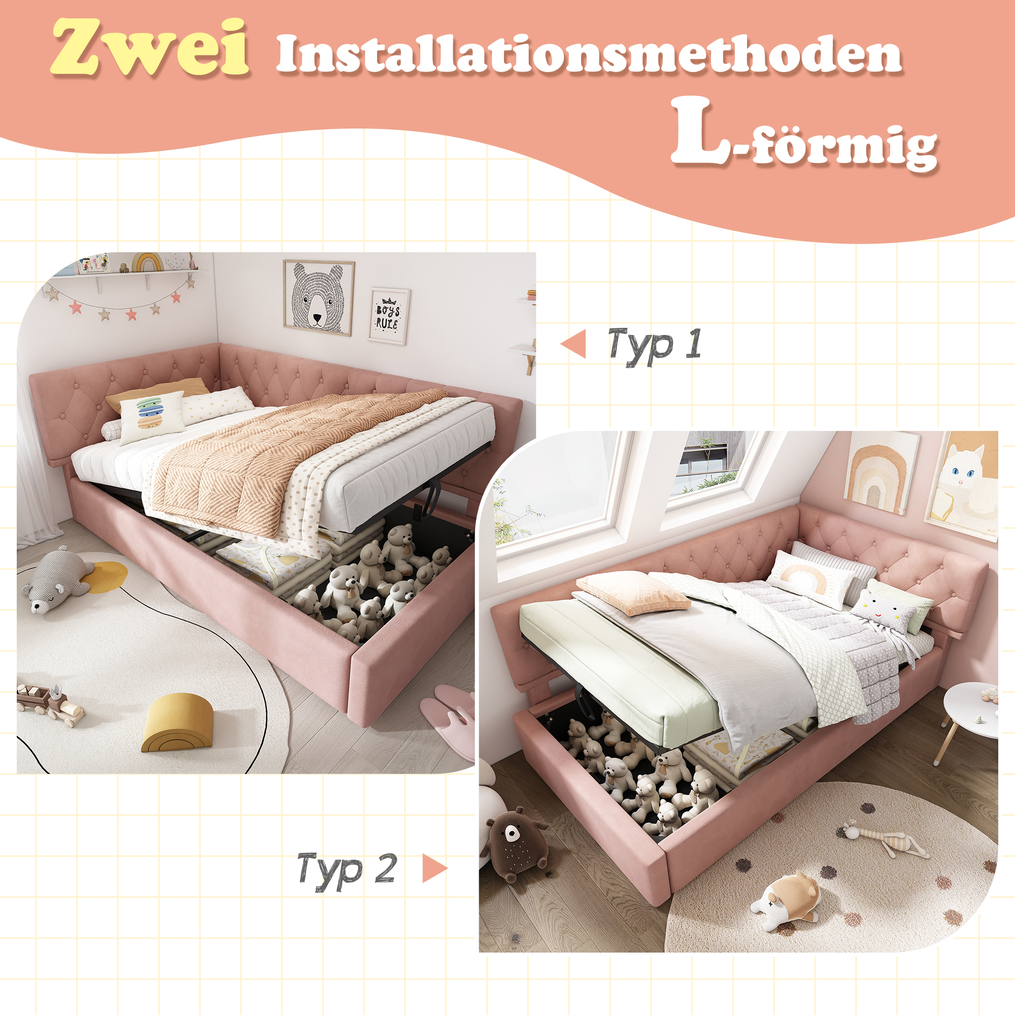 Rosa Bett mit Stauraum und zwei Installationsmethoden. Bett im Zimmer mit Spielzeug. Text auf Deutsch.