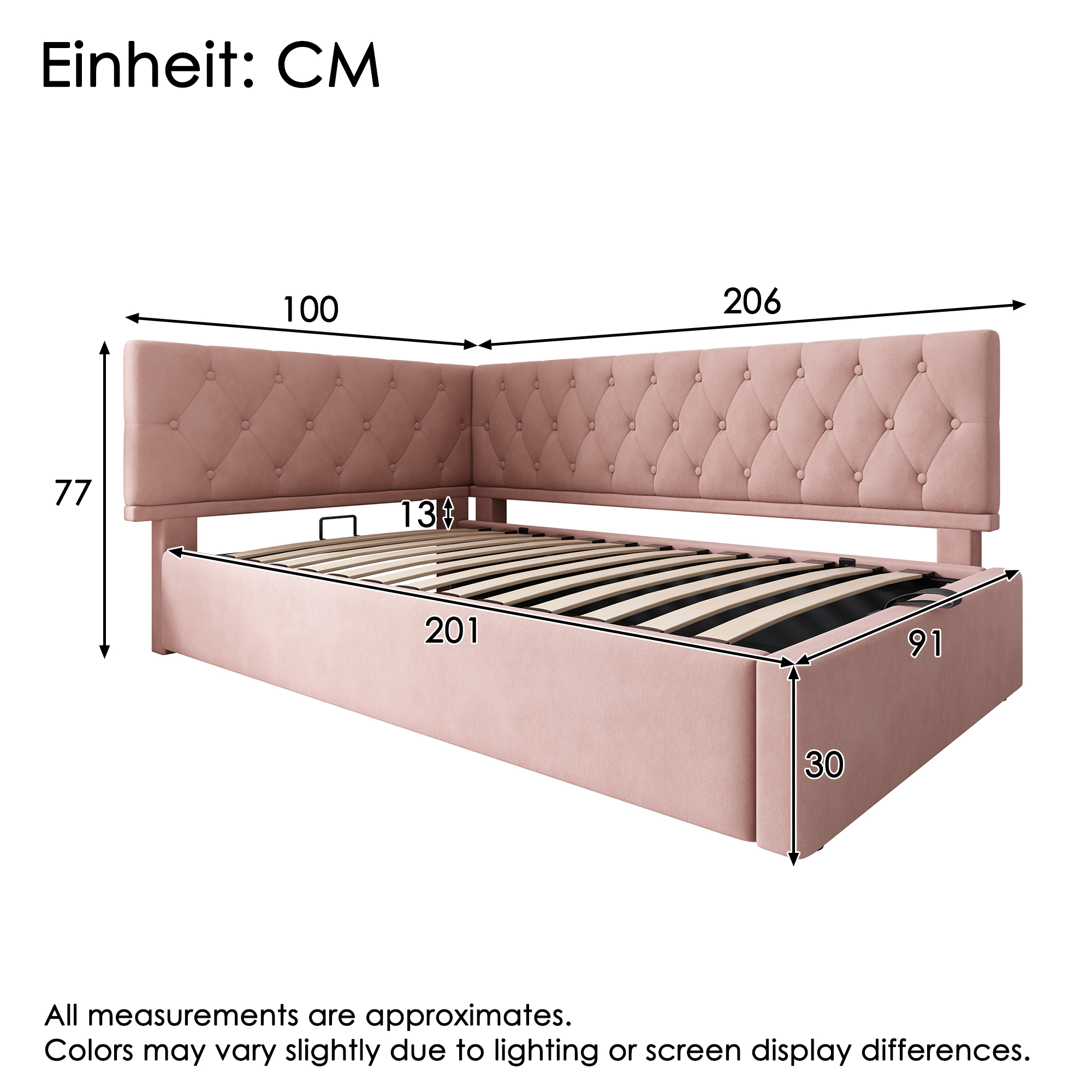 Rosa Stauraumbett mit Abmessungen in Zentimetern. Das Bett ist L-förmig.