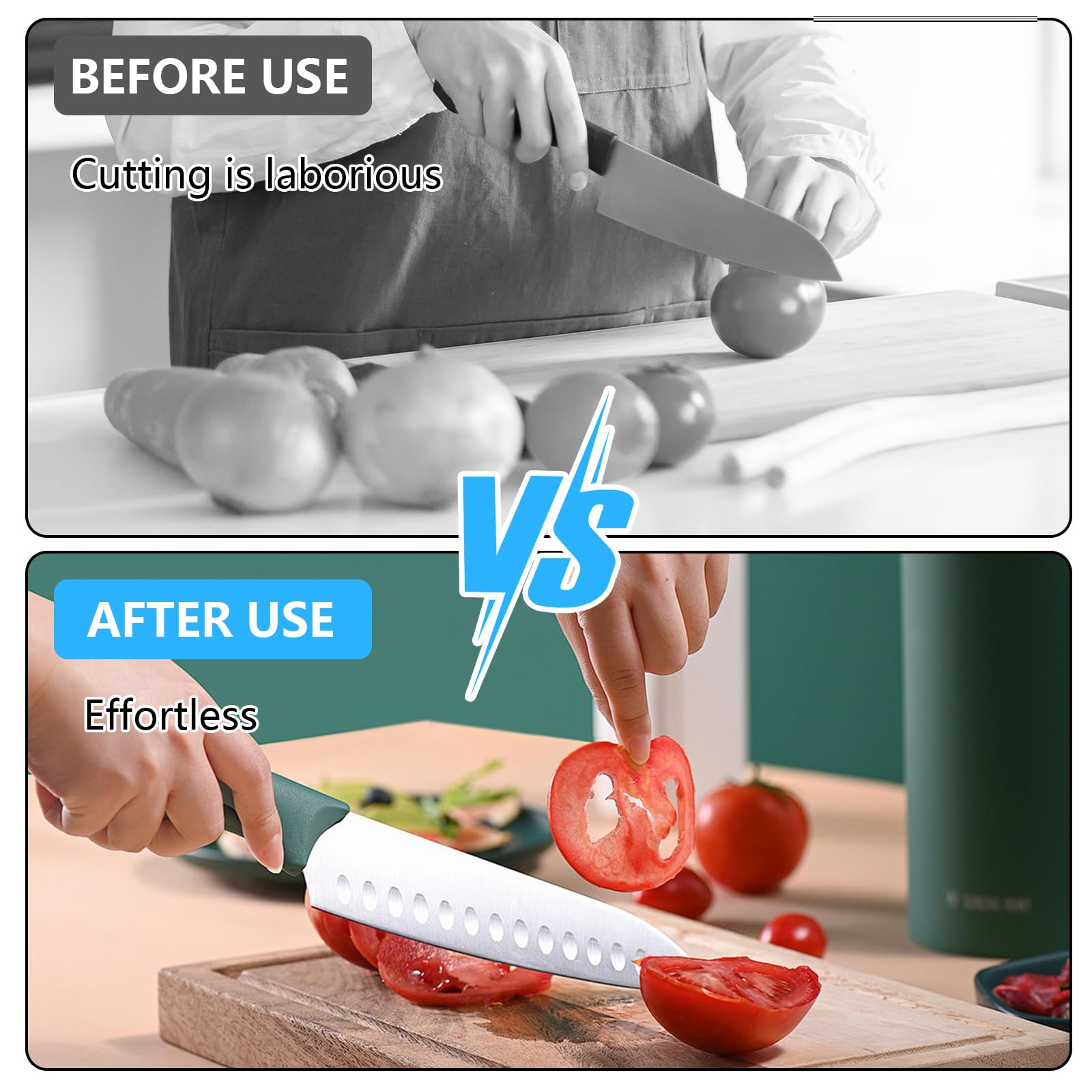 Vergleich des Tomatenschneidens vor und nach der Verwendung eines Messerschärfers.