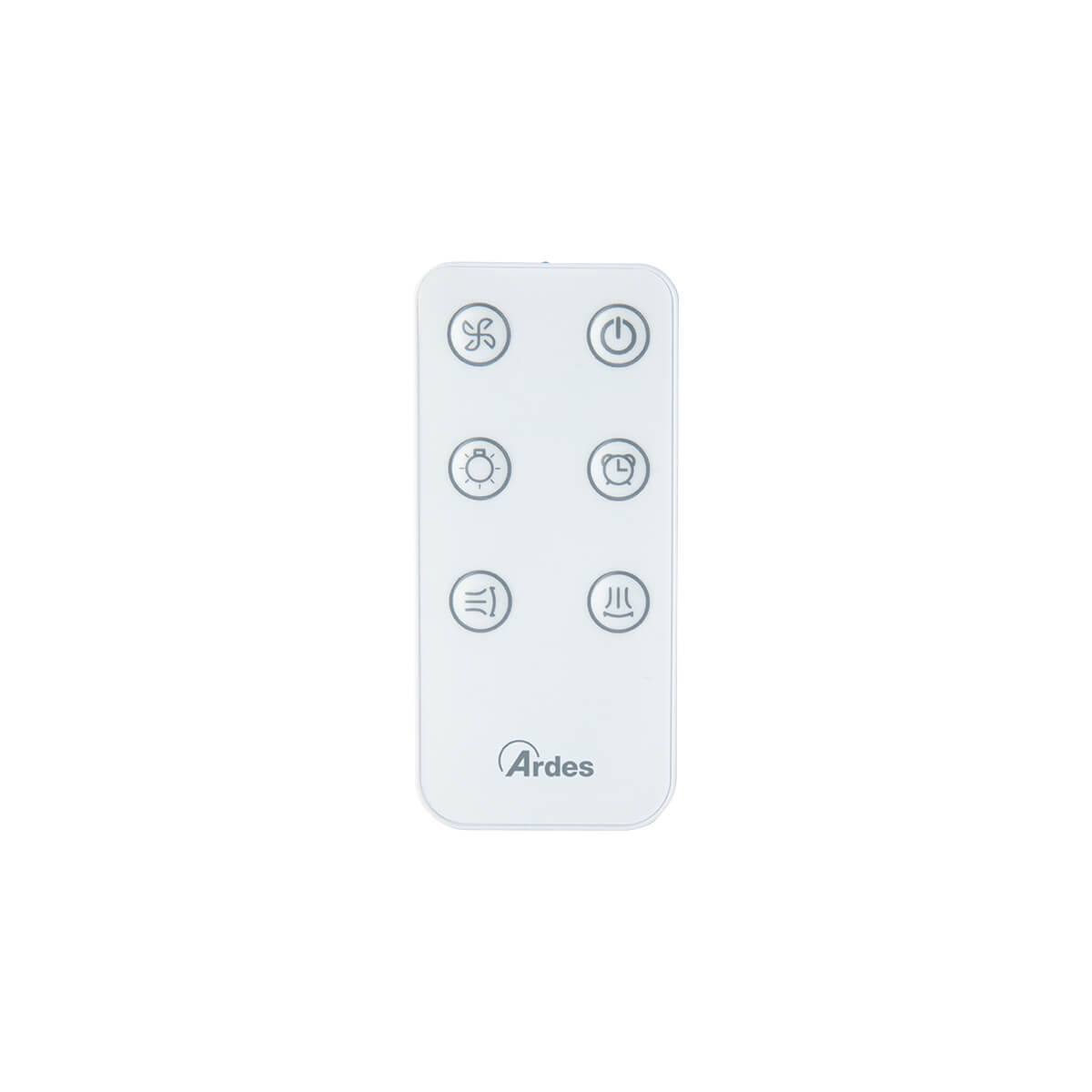 Weiße Ventilator-Fernbedienung mit Tasten: Ventilator, Ein/Aus, Licht, Timer, niedrig, hoch und ein Logo.
