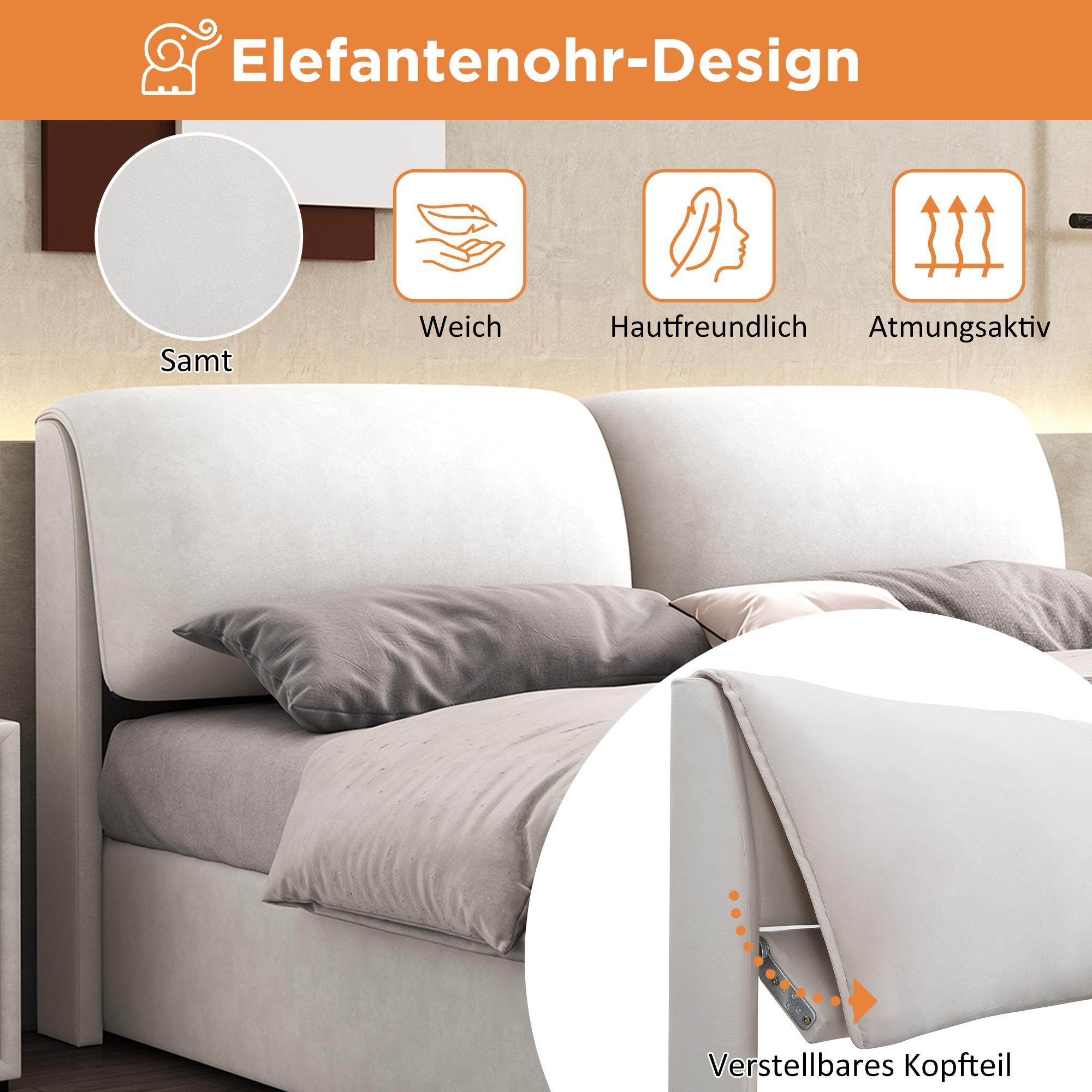 Bett mit Kopfteil, Kissen und Text. Merkmale: weiche, hautfreundliche und atmungsaktive Materialien.