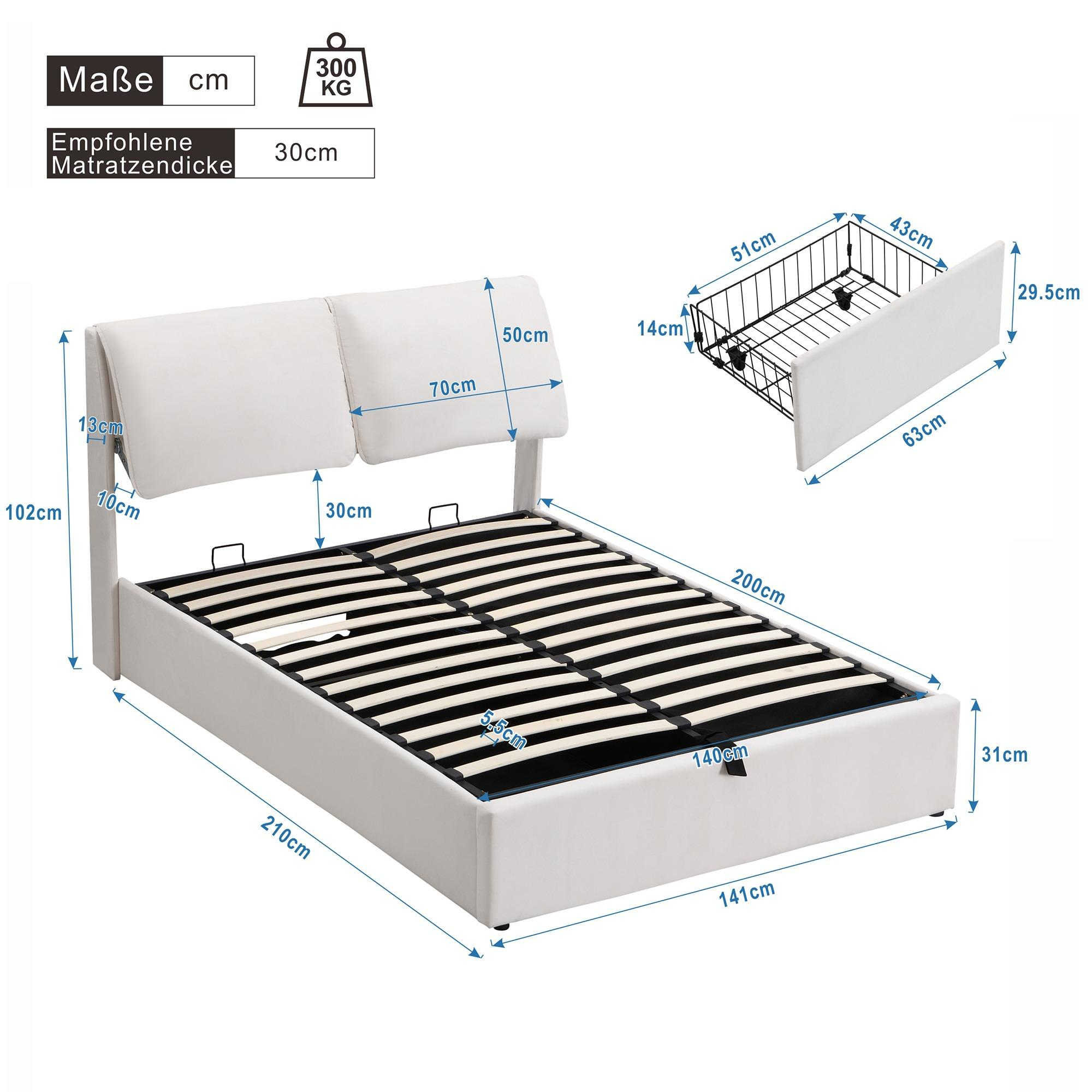 Weißes Bett mit Kopfteil, Abmessungen angegeben. Es hat einen Lattenrost und Stauraum.