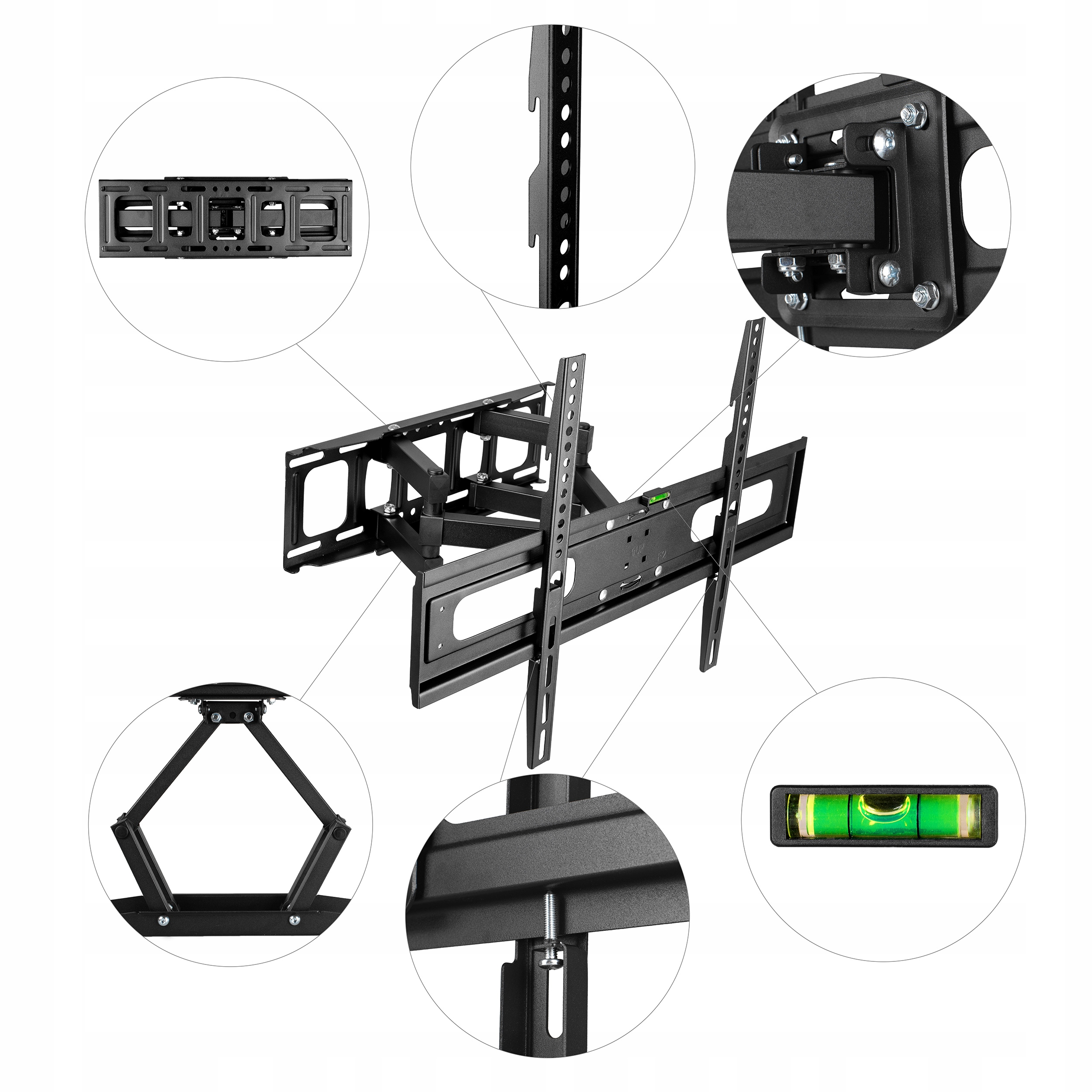 Zbliżenia detali czarnego uchwytu ściennego do telewizora z różnymi częściami opisanymi i podświetlonymi.