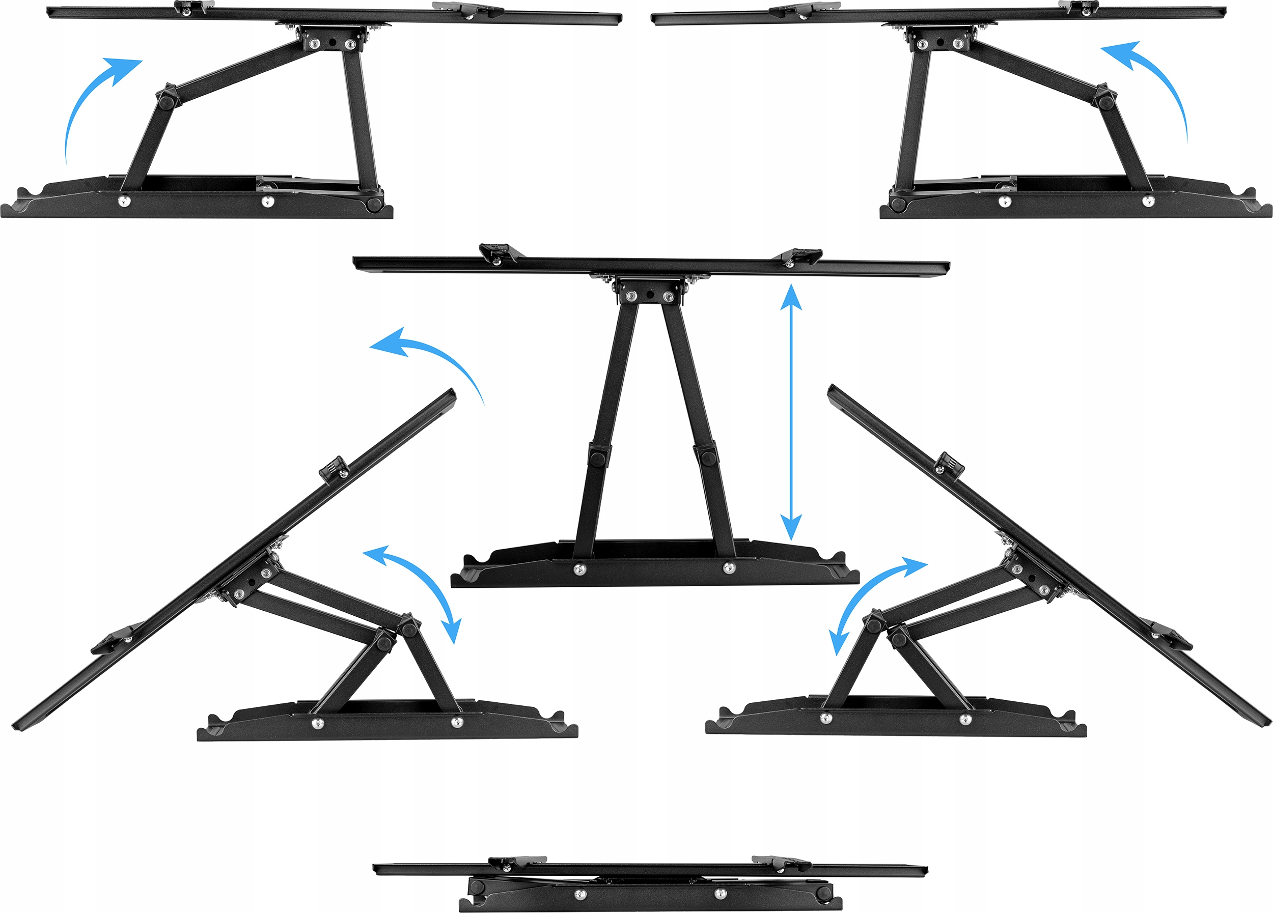 Wiele widoków czarnego uchwytu ściennego do telewizora z regulowanymi ramionami, pokazujące opcje ruchu.
