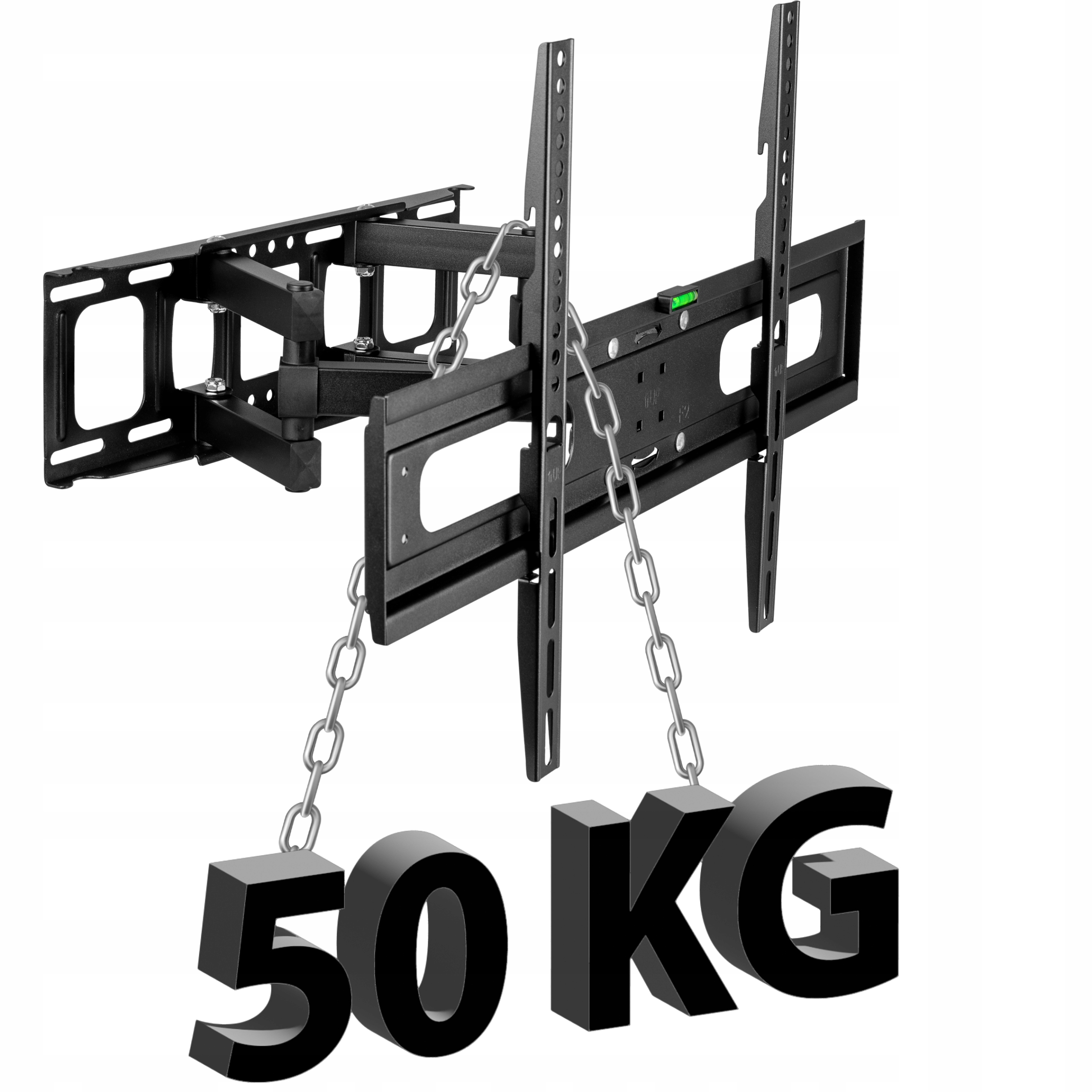 Czarny uchwyt ścienny do telewizora z ciężarami 50 KG wiszącymi na łańcuchach.