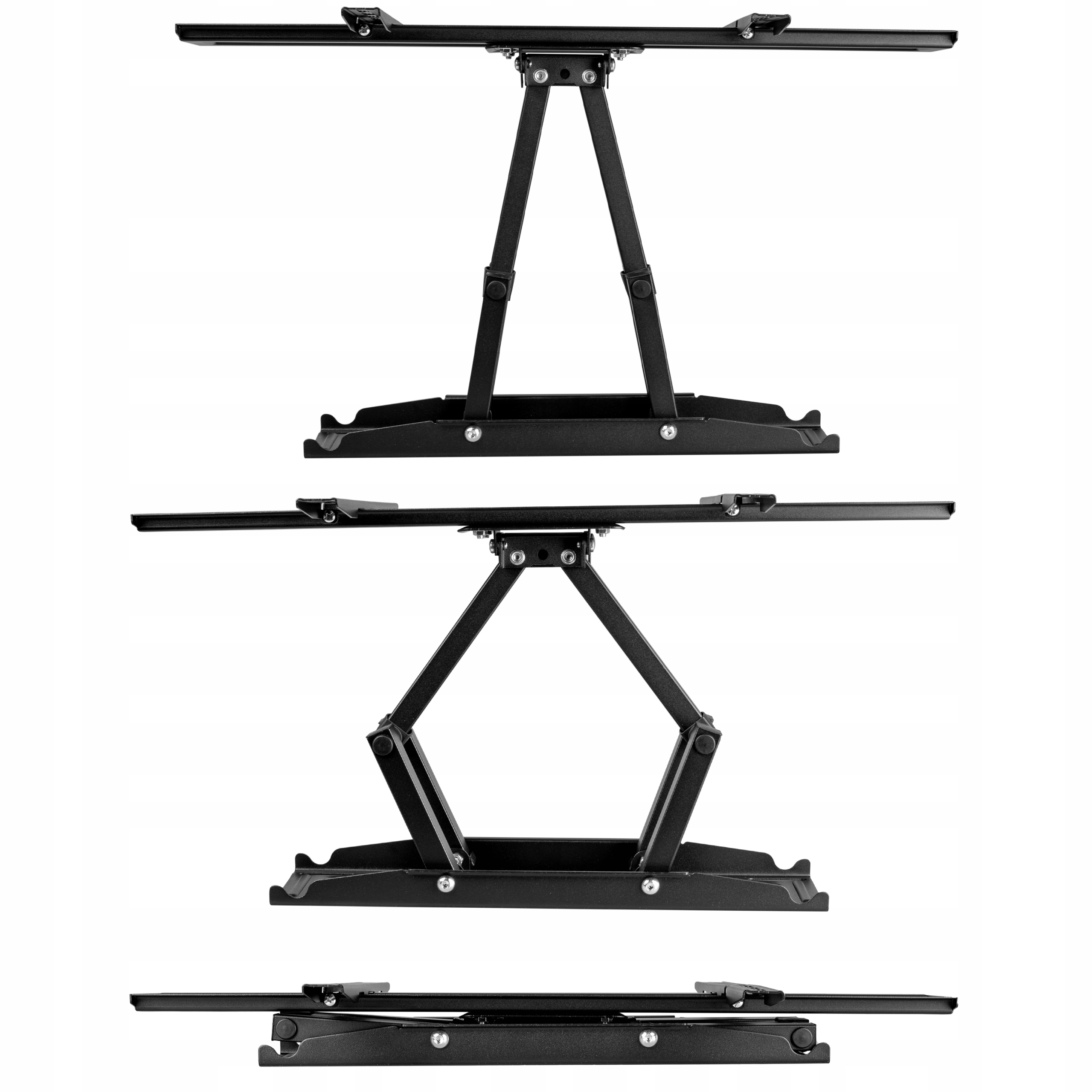 Wiele widoków czarnego uchwytu ściennego do telewizora, pokazujących różne kąty produktu.