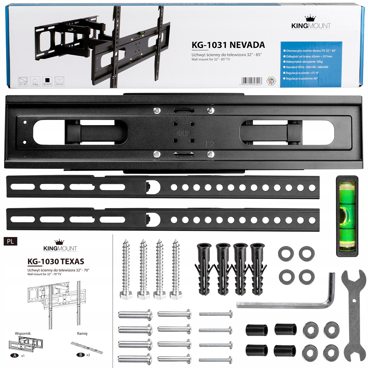 Czarny zestaw uchwytu ściennego do telewizora ze śrubami, poziomnicą i instrukcjami.