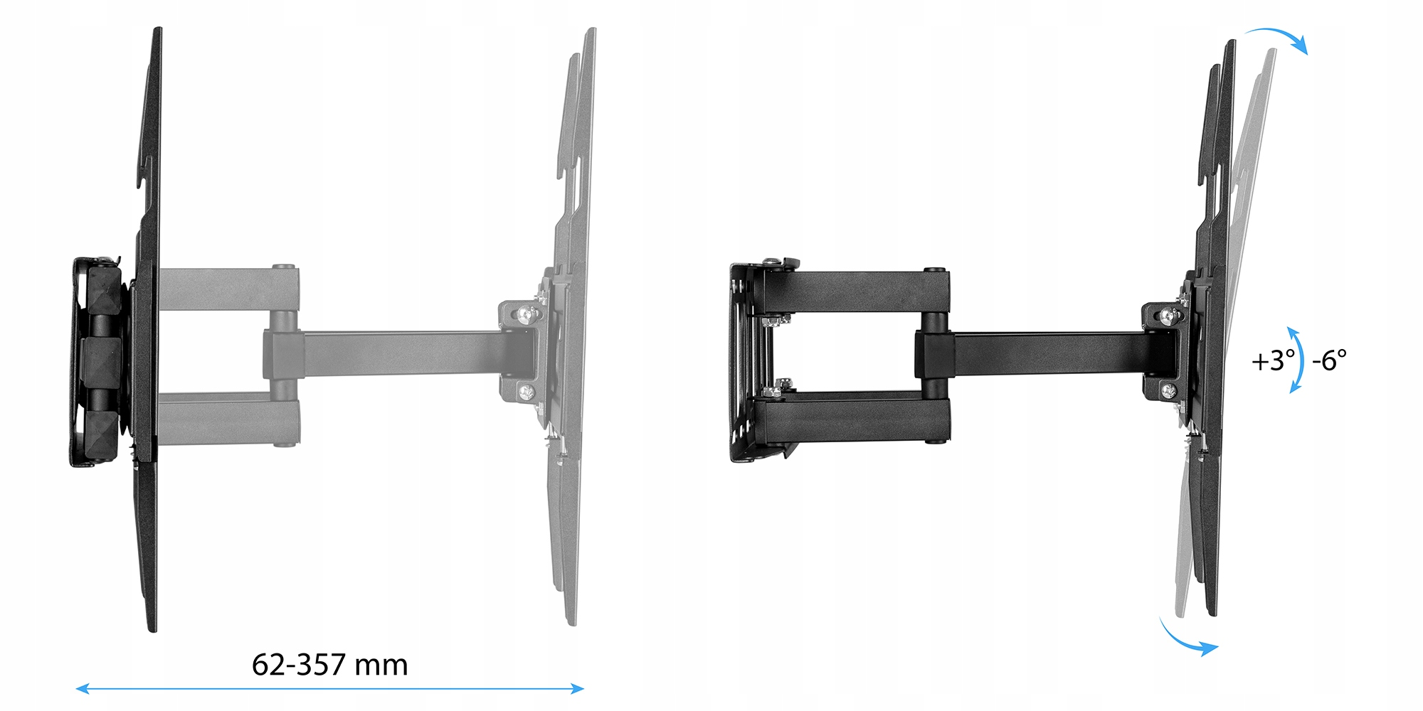 Dwa widoki z boku uchwytu ściennego do telewizora pokazujące regulację z wymiarami.