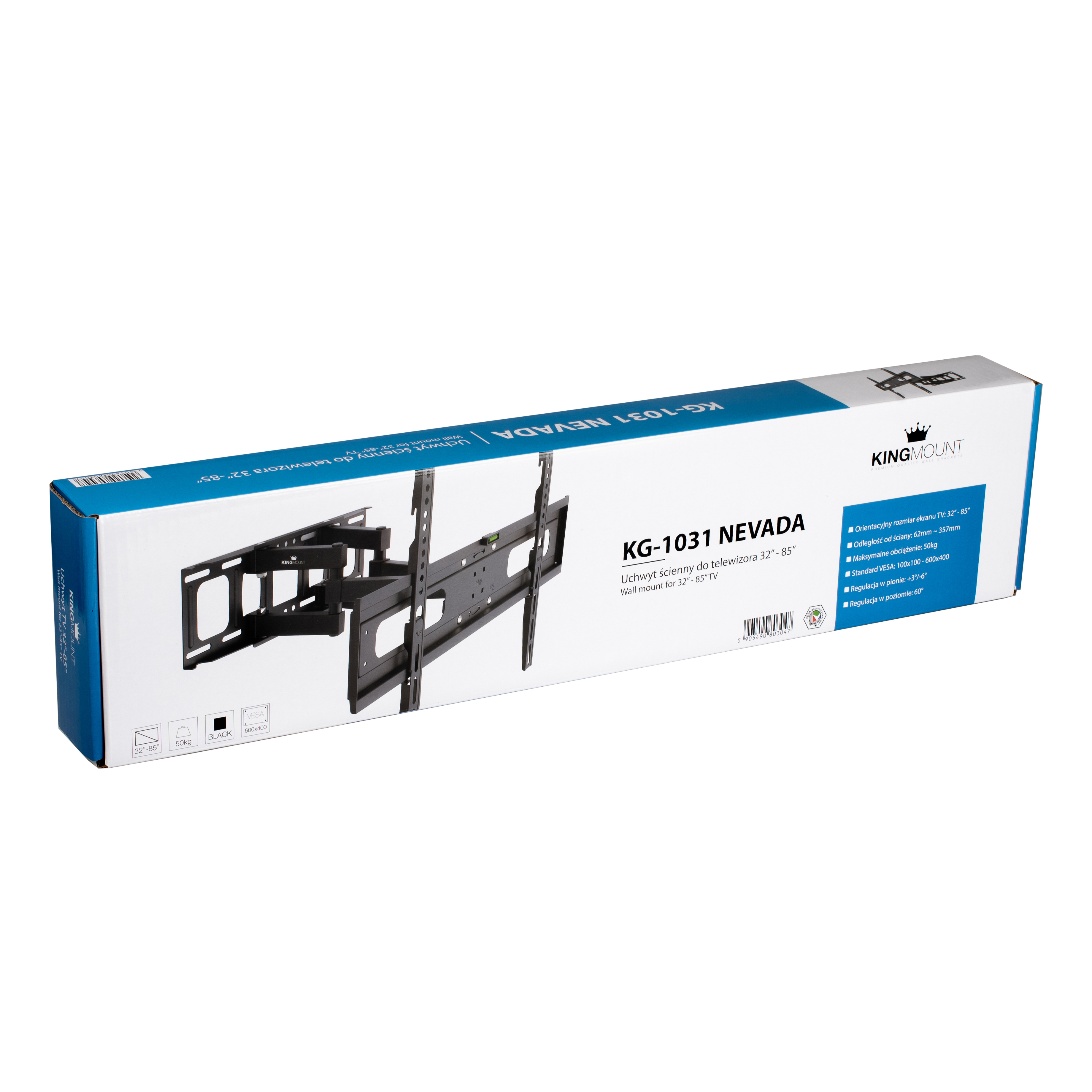 Pudełko ze zdjęciem czarnego uchwytu do telewizora. Pudełko jest biało-niebieskie z tekstem w języku niemieckim.