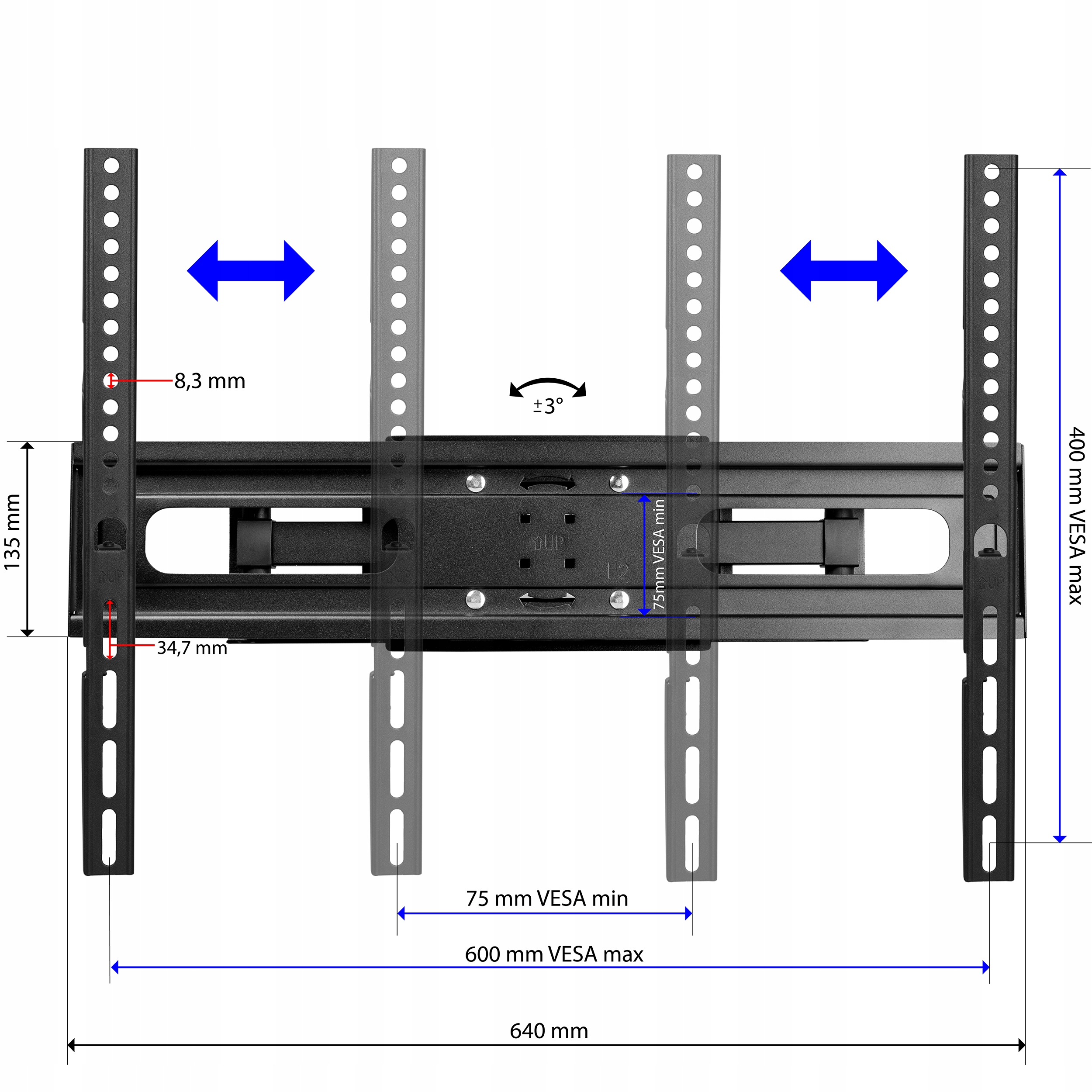 Schemat przedstawiający wymiary i zakres regulacji uchwytu ściennego do telewizora.
