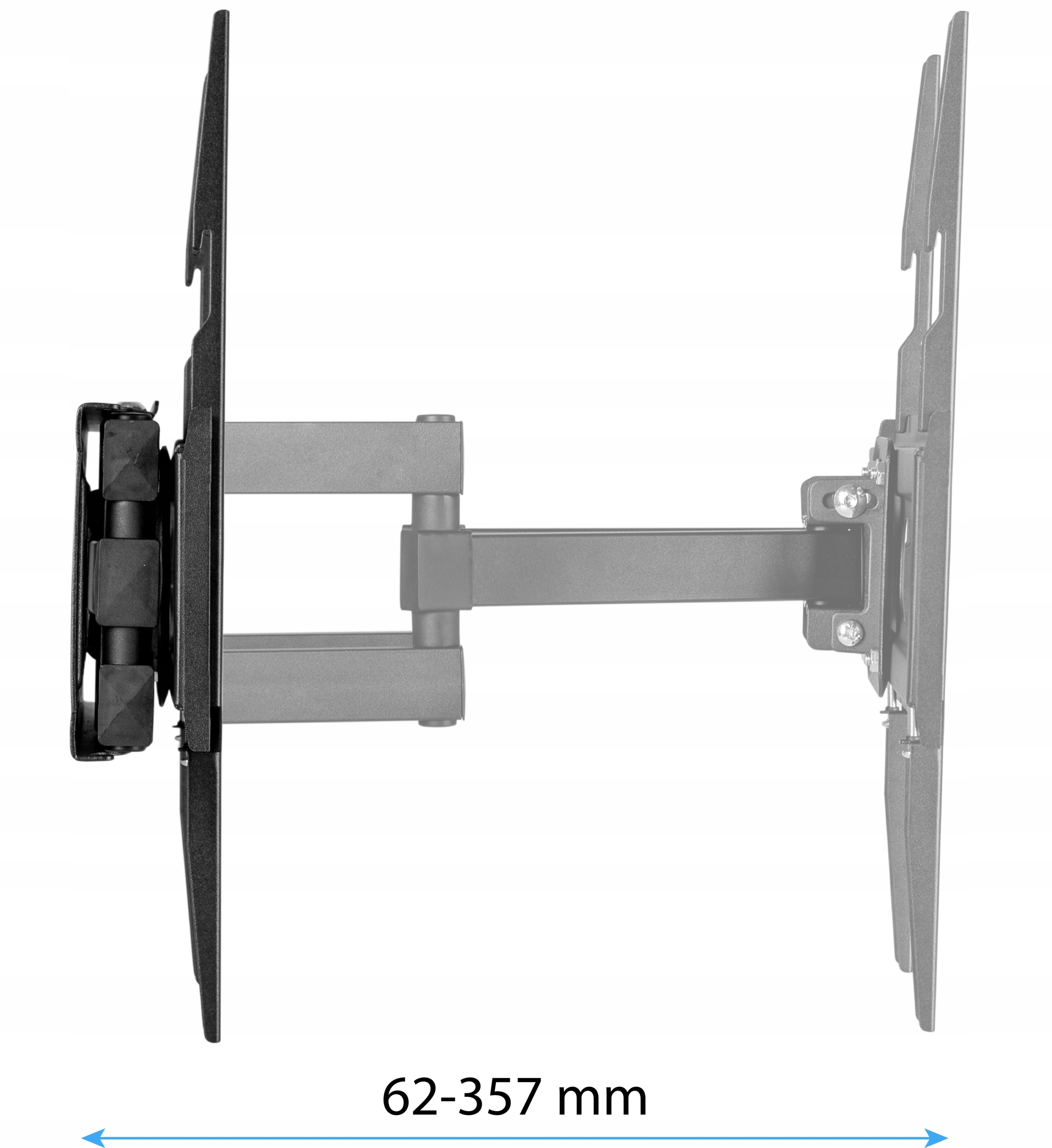 Widok z boku czarnego uchwytu ściennego do telewizora z wymiarami w milimetrach.