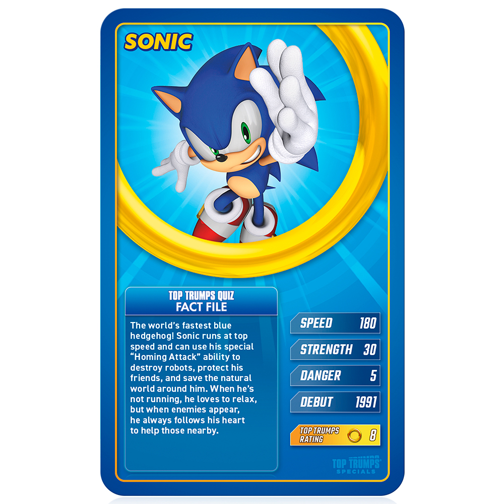 Sonic-Karte: Blauer Igel, weiße Handschuhe, oben auf der Karte steht Sonic. Faktenblatt mit Geschwindigkeit, Stärke, Gefahr und Debüt.