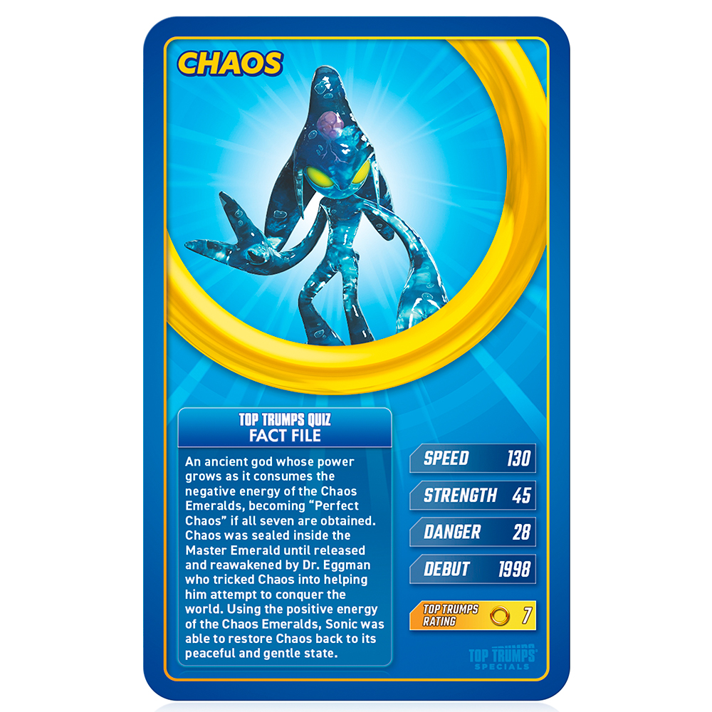 Top Trumps Karte für Chaos, ein blaues, wasserähnliches Wesen, mit Werten für Geschwindigkeit, Stärke und Gefahr. Die Karte hat einen blauen Hintergrund.