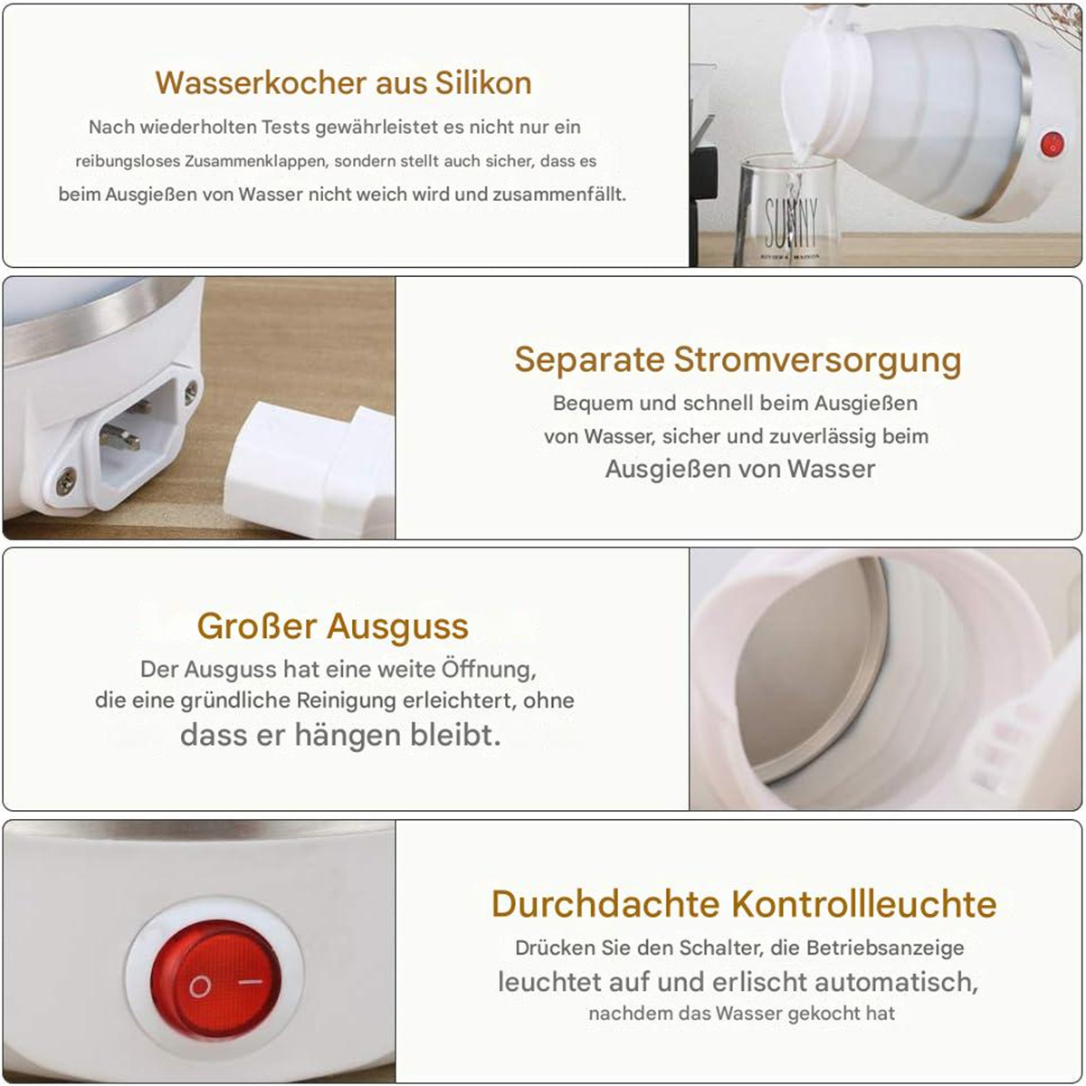 Detailaufnahmen eines faltbaren Wasserkochers. Zeigt Netzkabel, Ausguss, Kontrollleuchte und Öffnung.