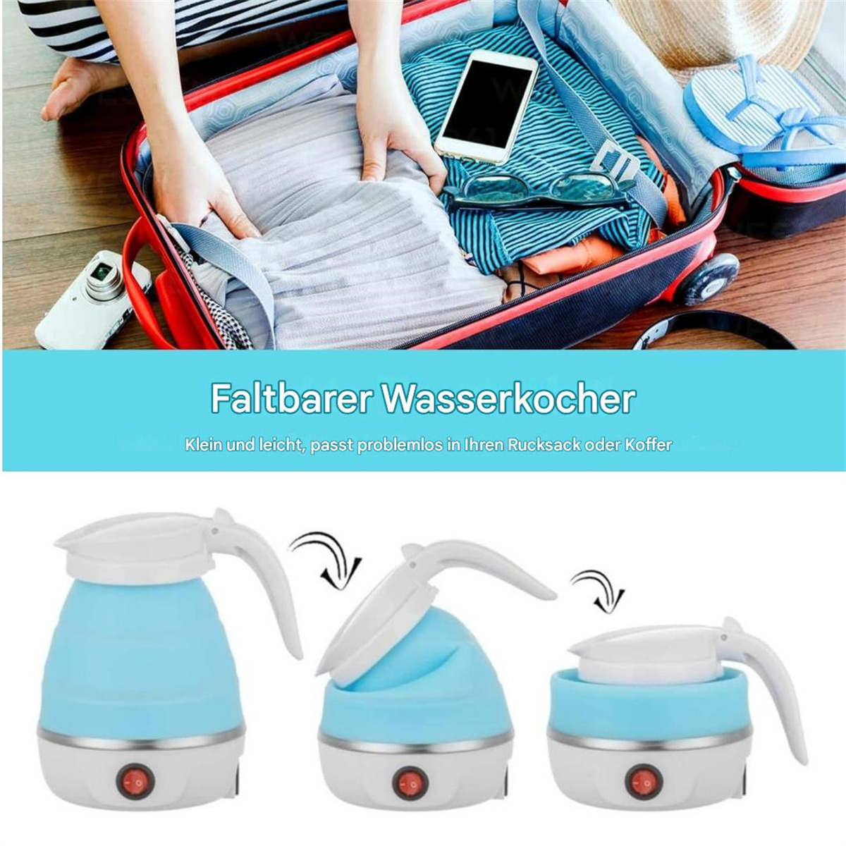 Zusammenklappbarer Wasserkocher und ein Koffer. Der Wasserkocher ist blau und weiß. Person packt Koffer.
