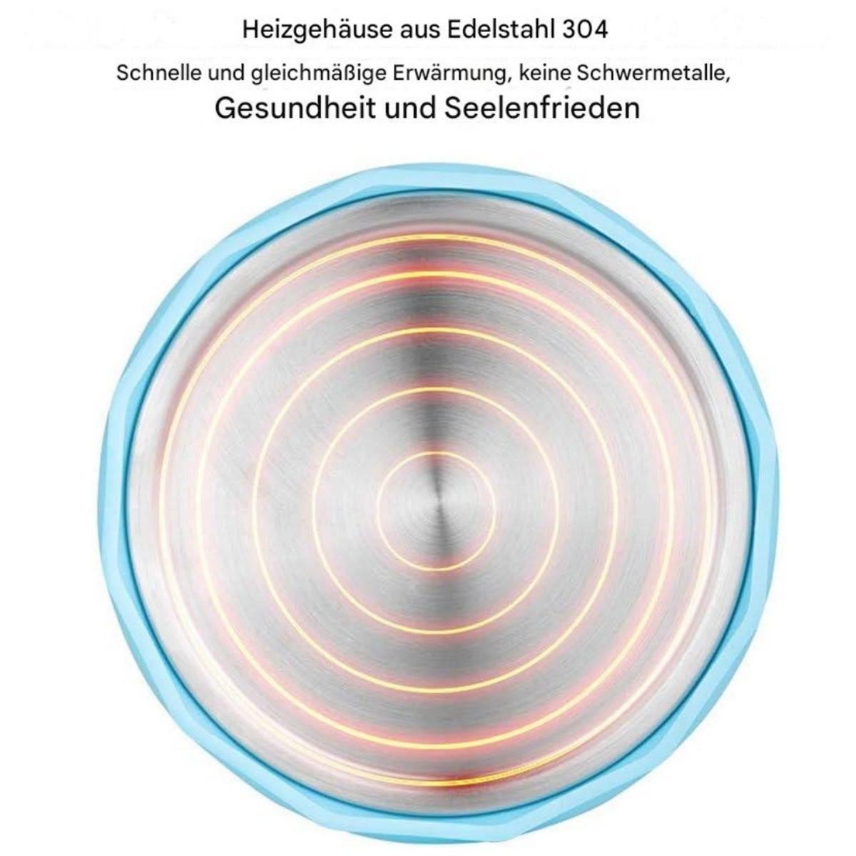 Kreisförmiges Heizelement mit blauem Rand und leuchtenden roten Ringen. Es hat eine metallisch silberne Mitte und einen blauen Rand.