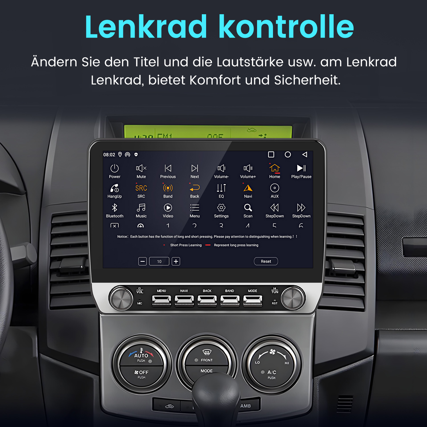 Autoradio-Bildschirm mit Einstellungen. Der Bildschirm befindet sich in einem Armaturenbrett mit mehreren Knöpfen.