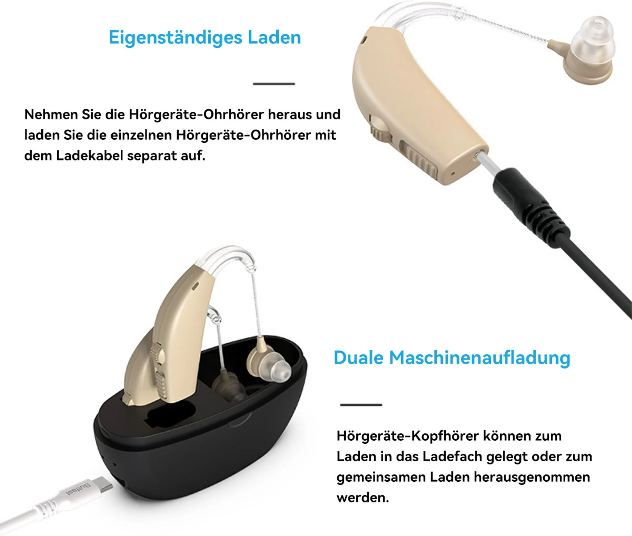 Hörgeräte und Ladestation. Beige Hörgerät und Ladestation mit Ladekabeln. Die Station ist schwarz.