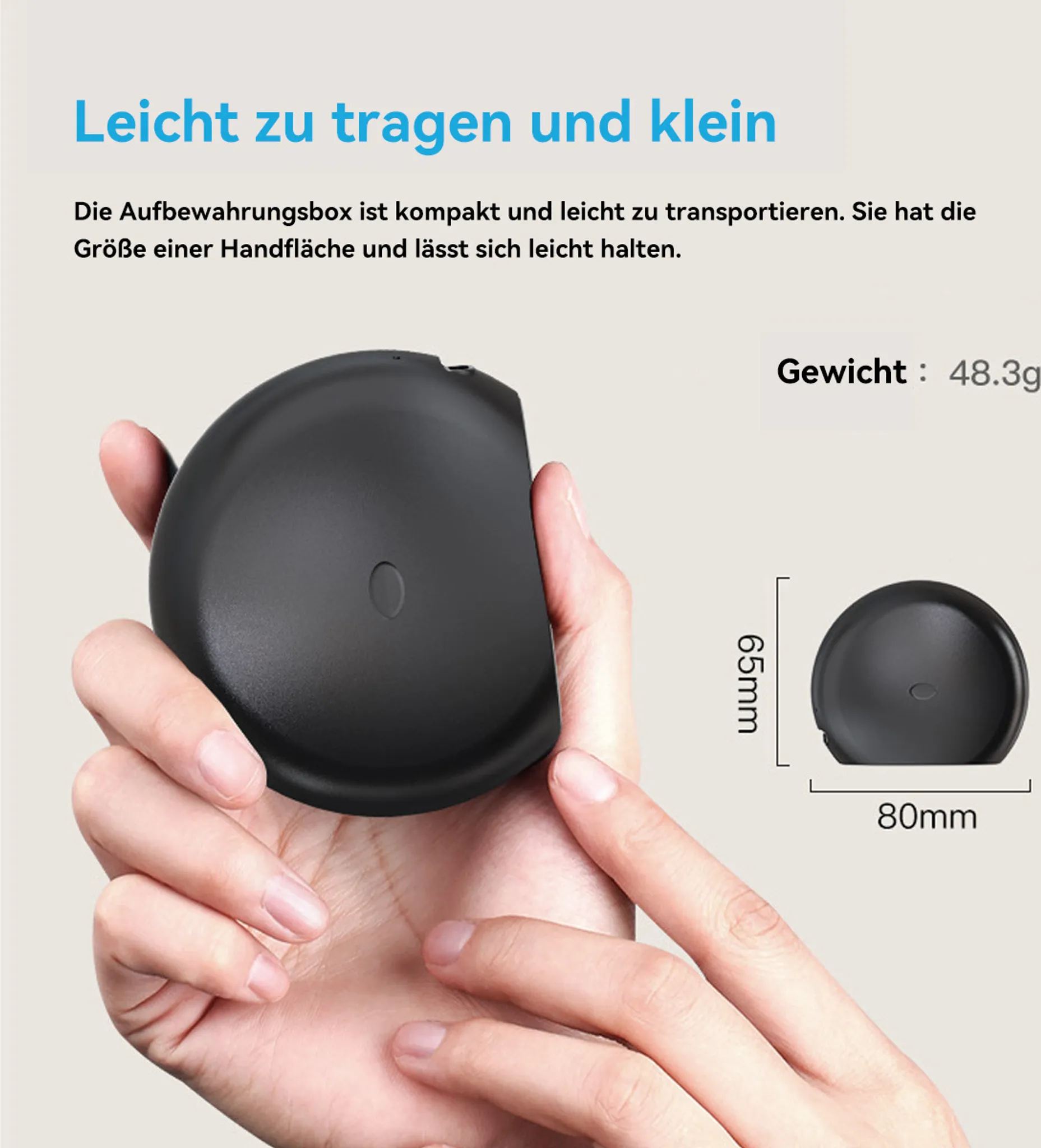 Ein schwarzes, ovales Gerät wird in der Hand gehalten. Text gibt Gewicht und Abmessungen an.