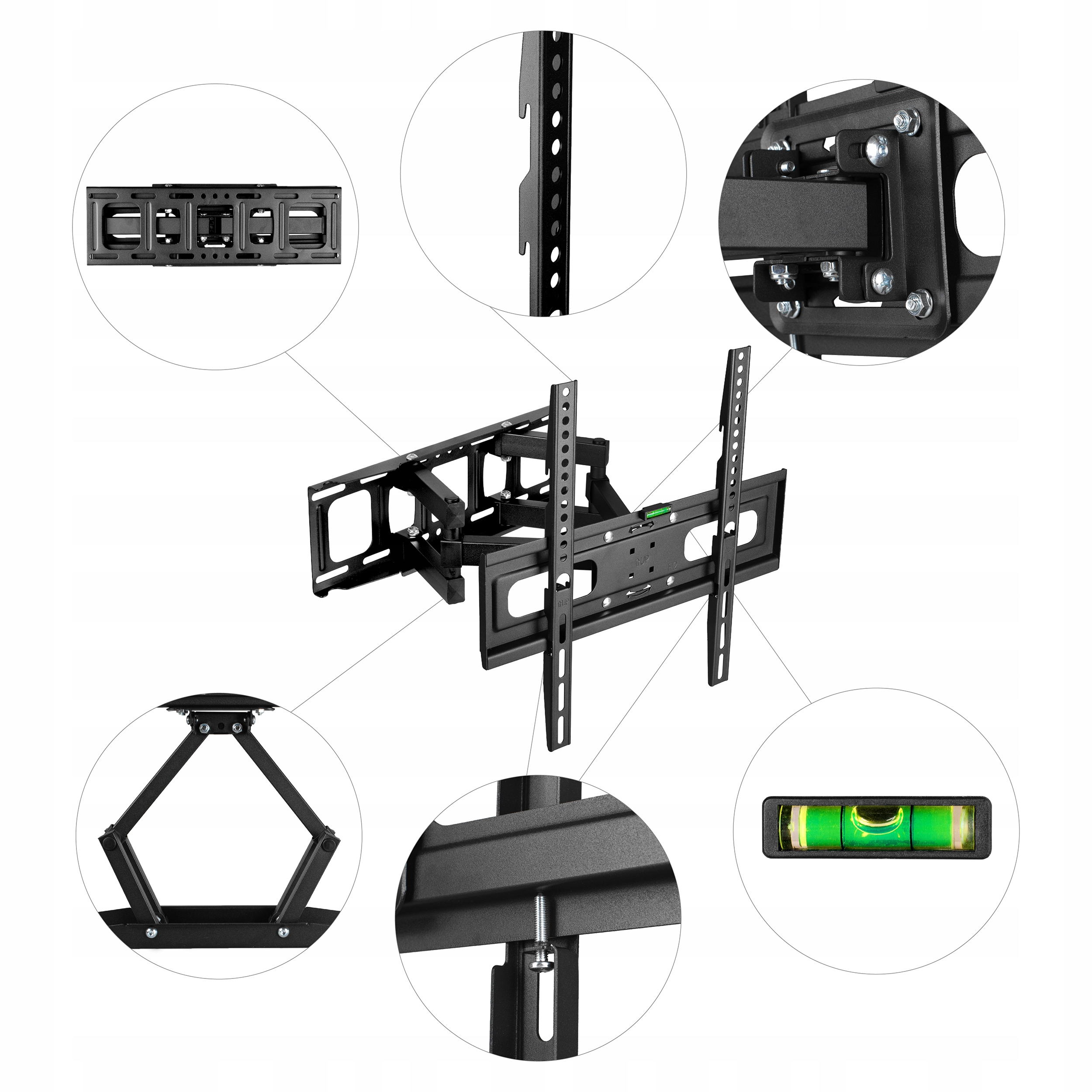 Zestaw do montażu na ścianie telewizora, różne widoki. Czarny metalowy wspornik ze śrubami i szczegółowymi widokami części.